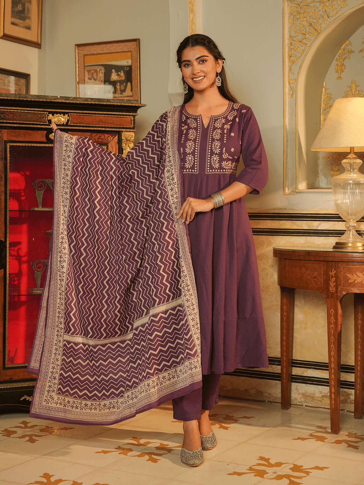 Embroidered Linen Cotton Solid Anarkali Purple Kurta
