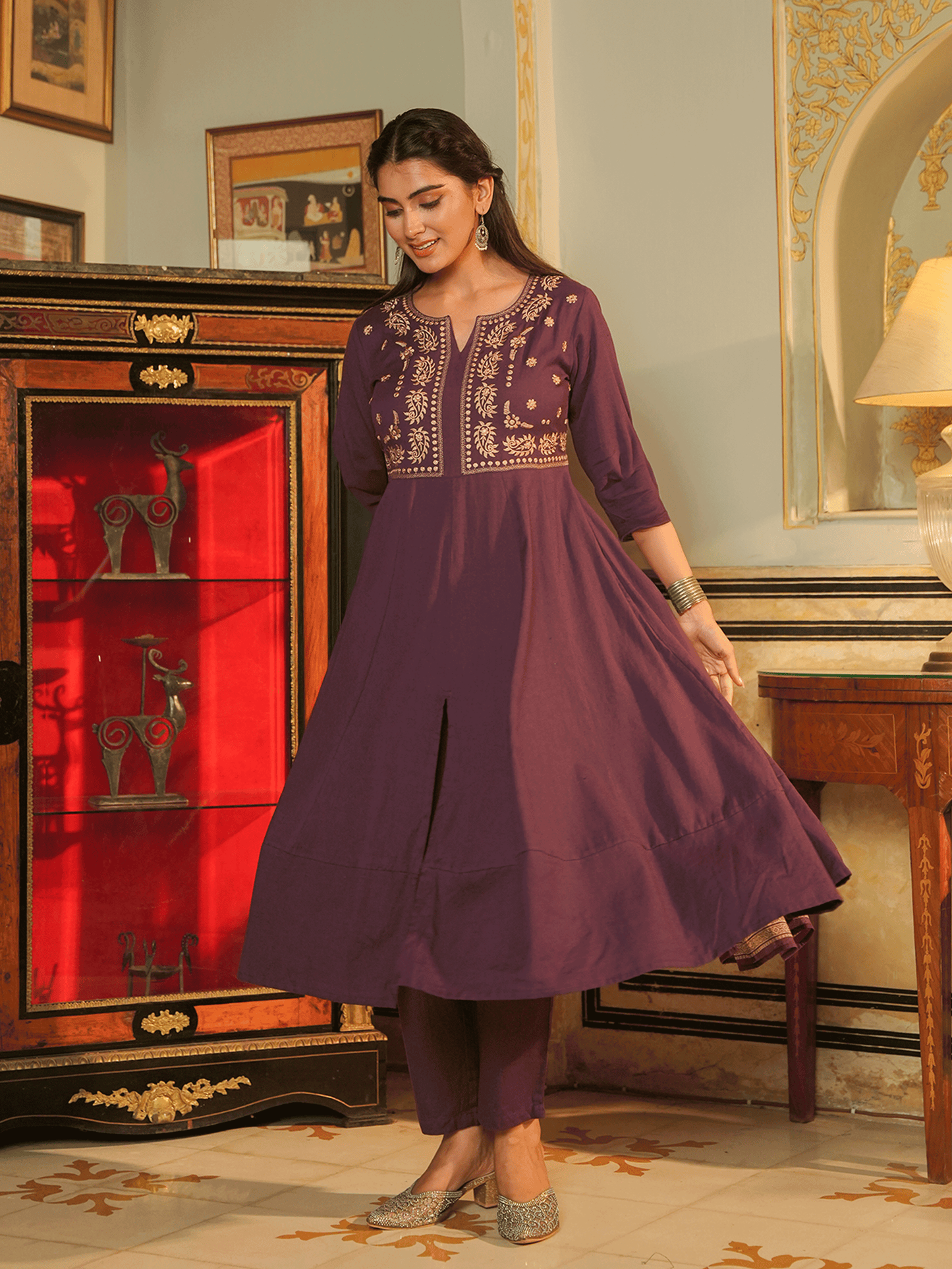 Embroidered Linen Cotton Solid Anarkali Purple Kurta