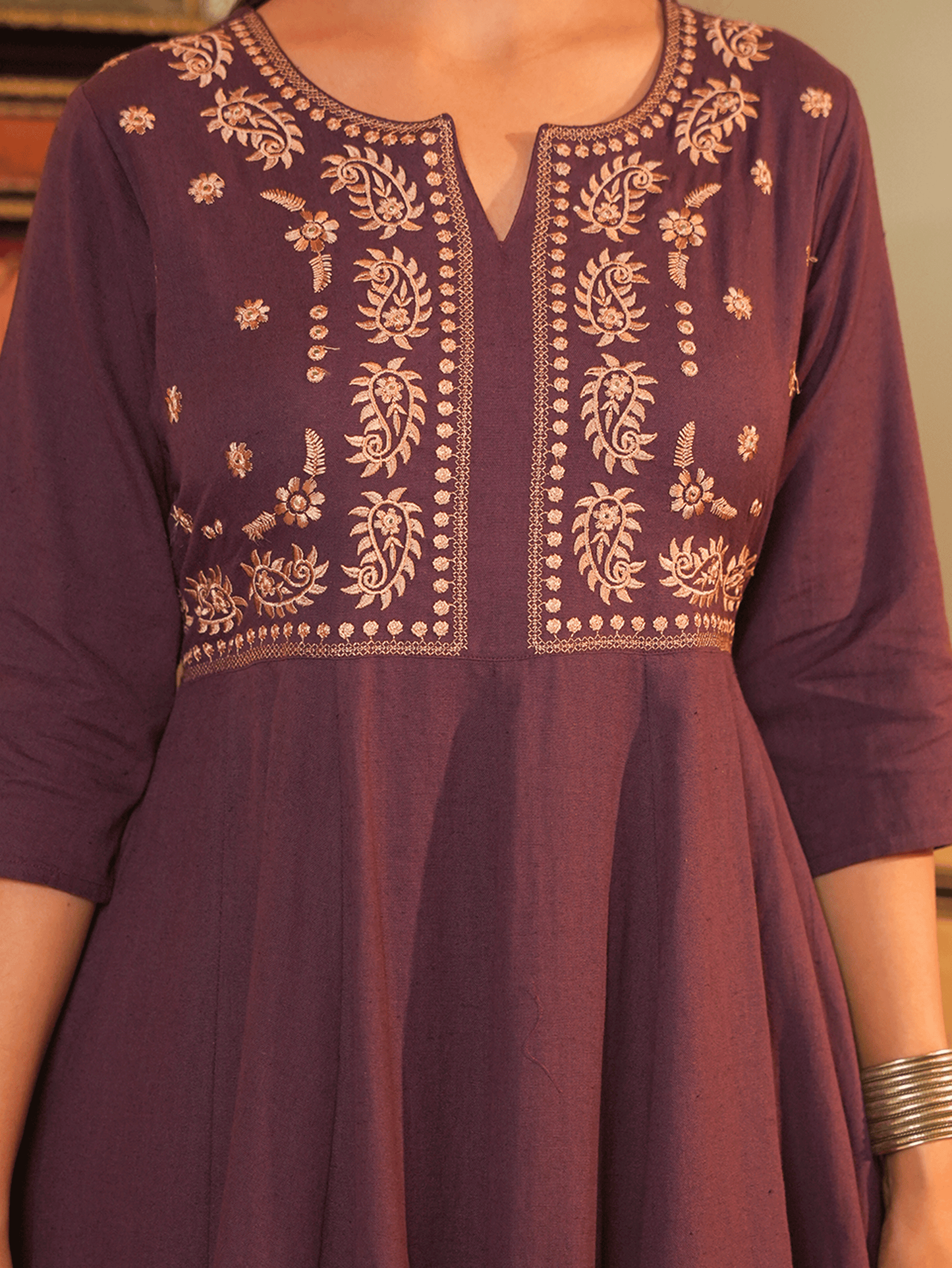 Embroidered Linen Cotton Solid Anarkali Purple Kurta