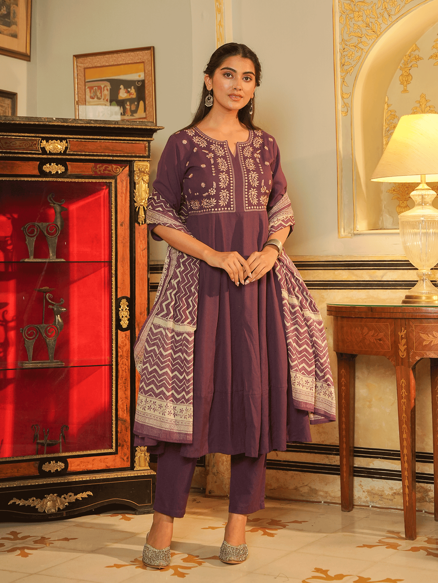 Embroidered Linen Cotton Solid Anarkali Purple Kurta