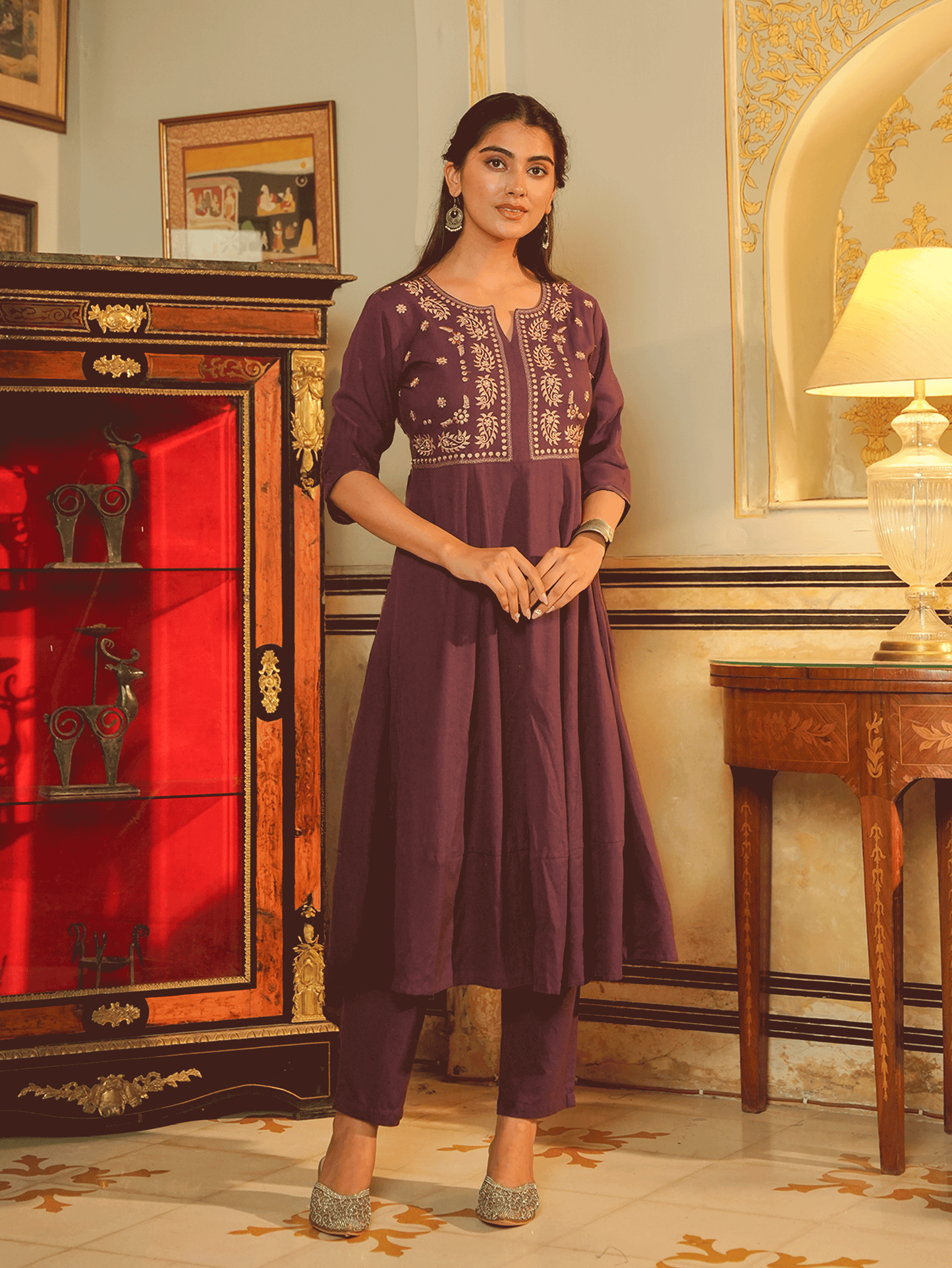 Embroidered Linen Cotton Solid Anarkali Purple Kurta