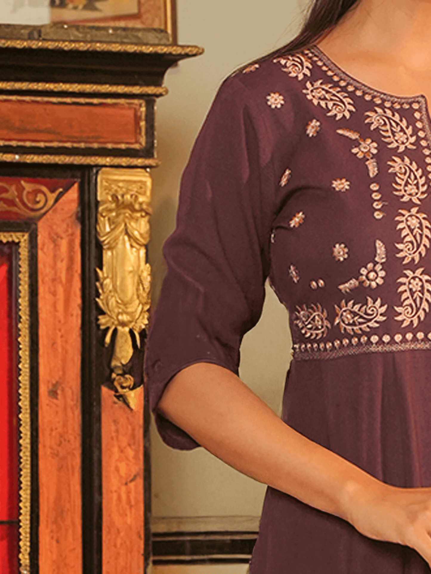 Embroidered Linen Cotton Solid Anarkali Purple Kurta