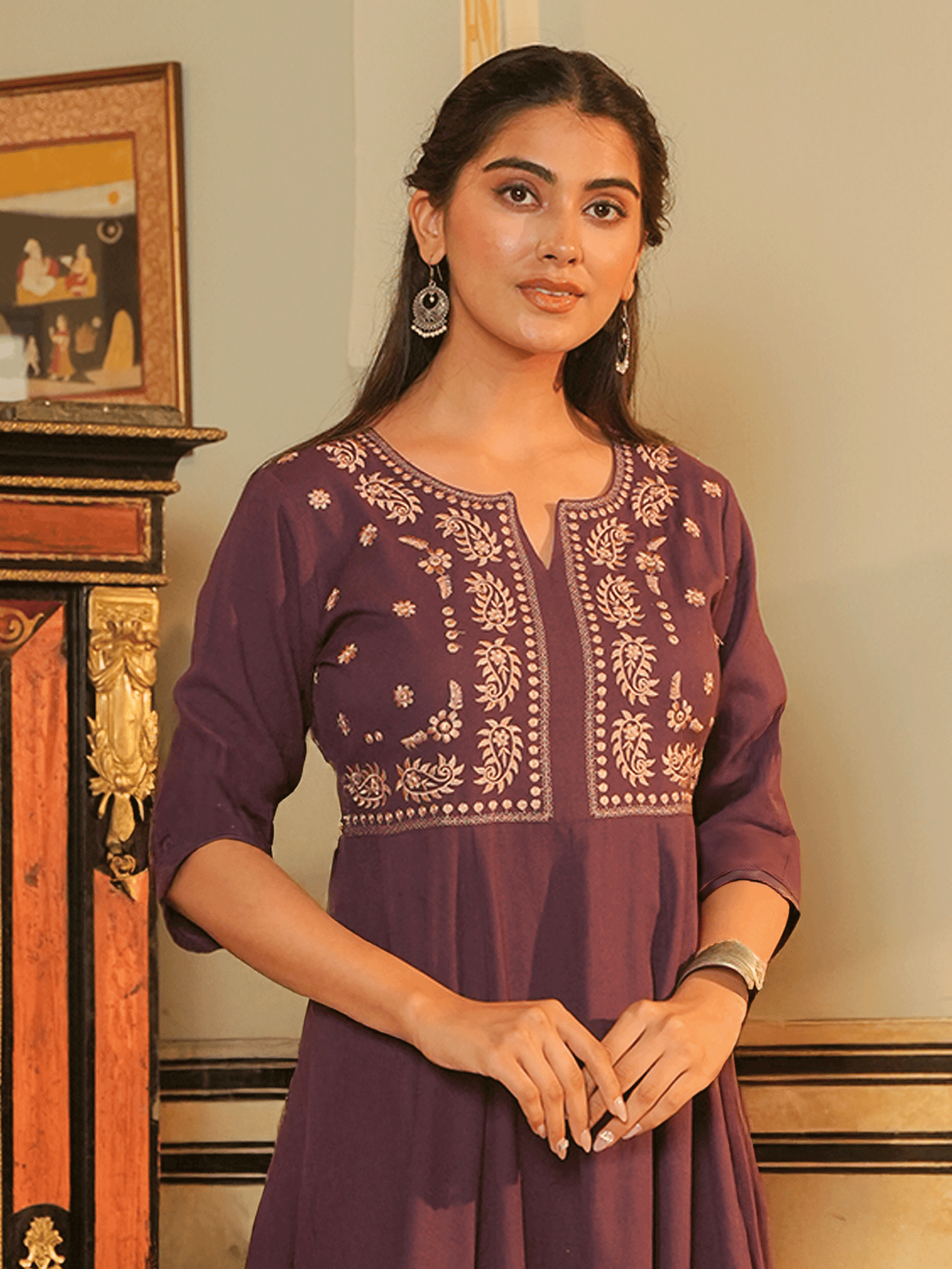 Embroidered Linen Cotton Solid Anarkali Purple Kurta