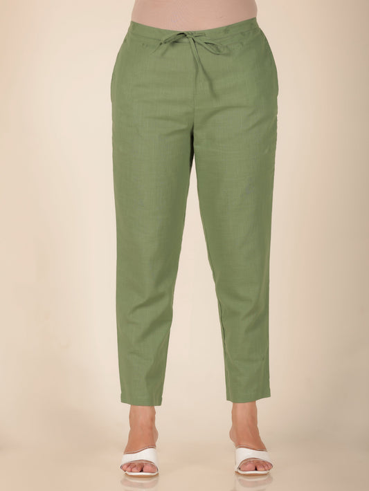Natural Cotton Solid Green Tapered Trousers