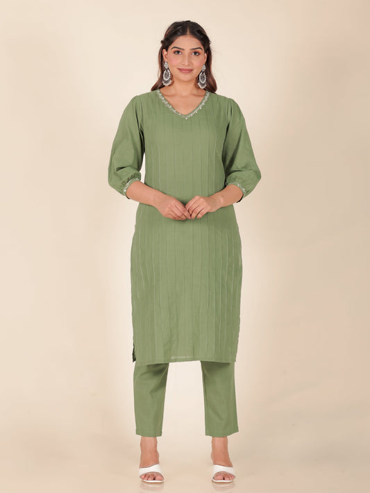 Natural Cotton Solid Straight Green Kurta