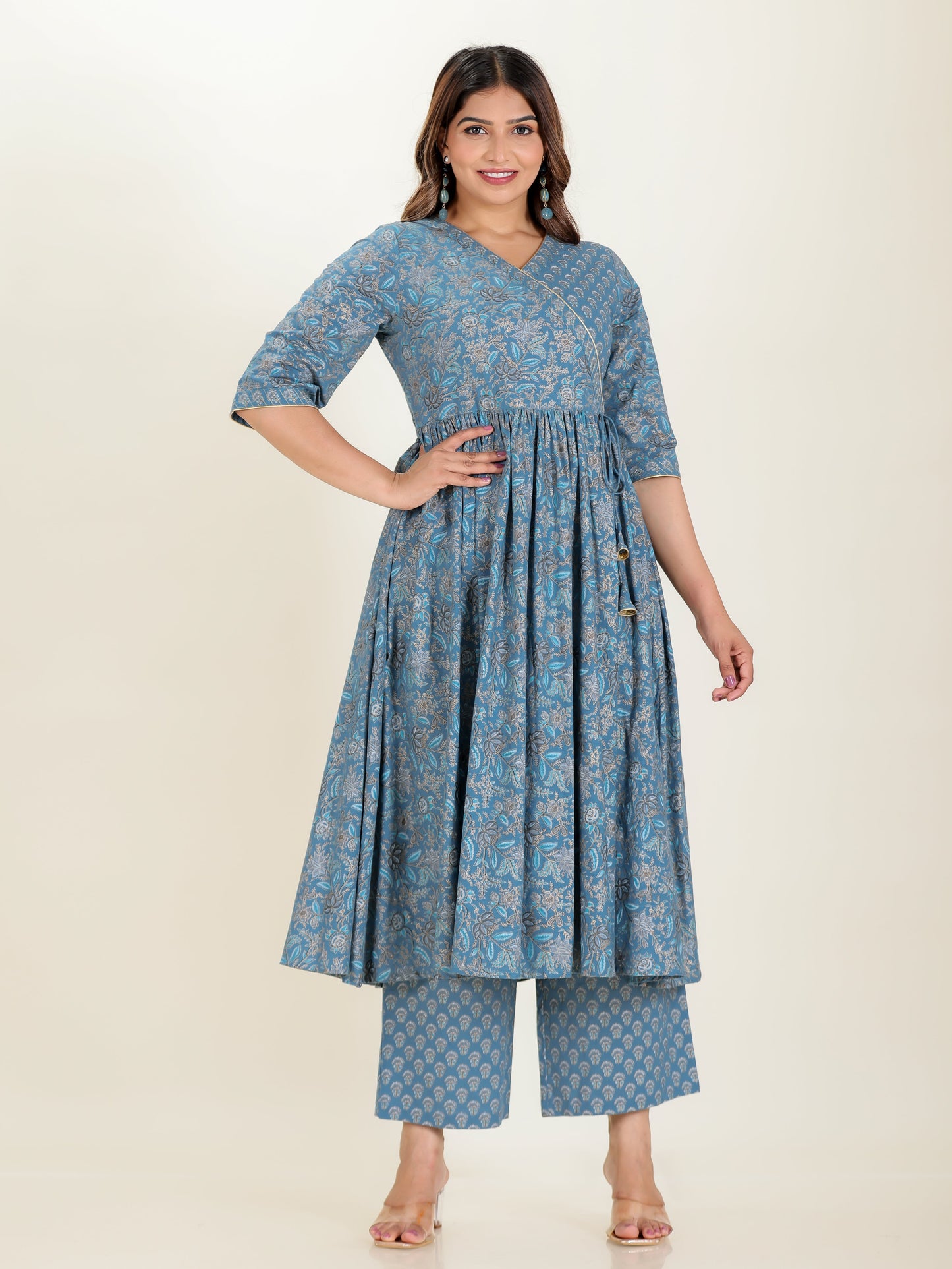 Embroidered Soft Cotton Gold foil Angrakha Blue Kurta