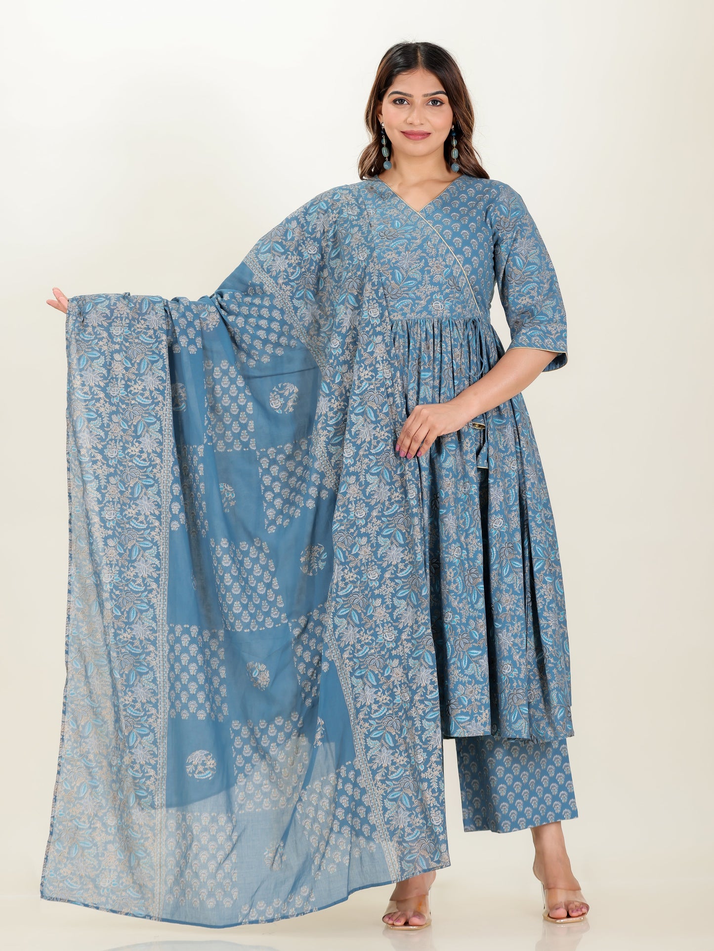 Embroidered Soft Cotton Gold foil Angrakha Blue Kurta