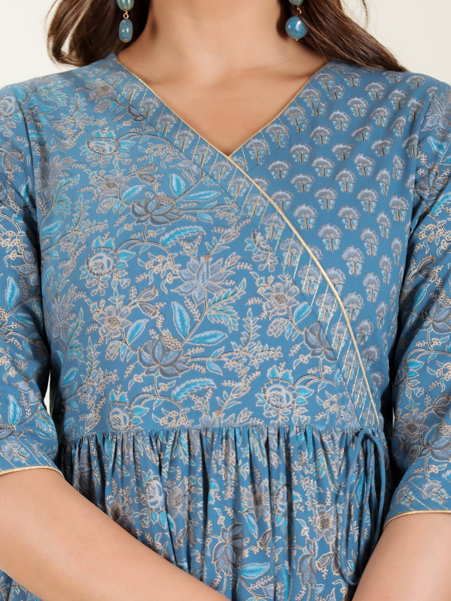 Embroidered Soft Cotton Gold foil Angrakha Blue Kurta
