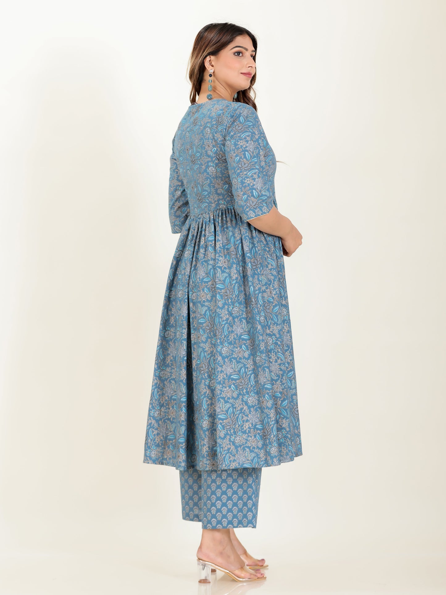 Embroidered Soft Cotton Gold foil Angrakha Blue Kurta