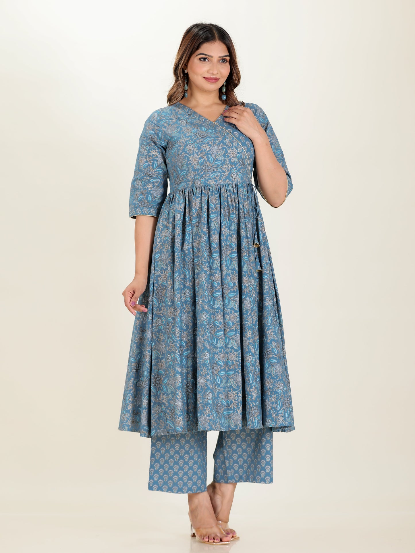 Embroidered Soft Cotton Gold foil Angrakha Blue Kurta
