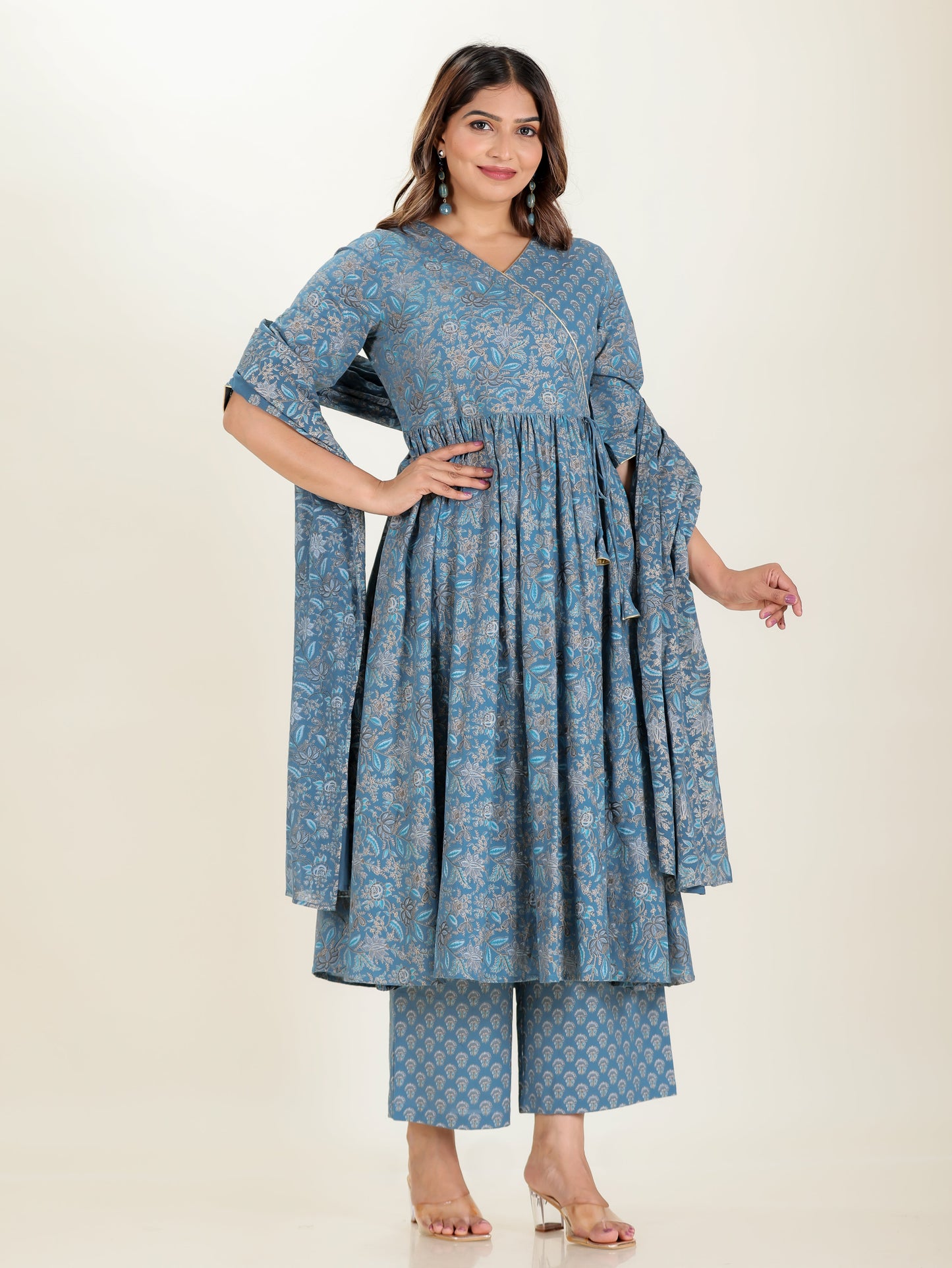 Embroidered Soft Cotton Gold foil Angrakha Blue Kurta