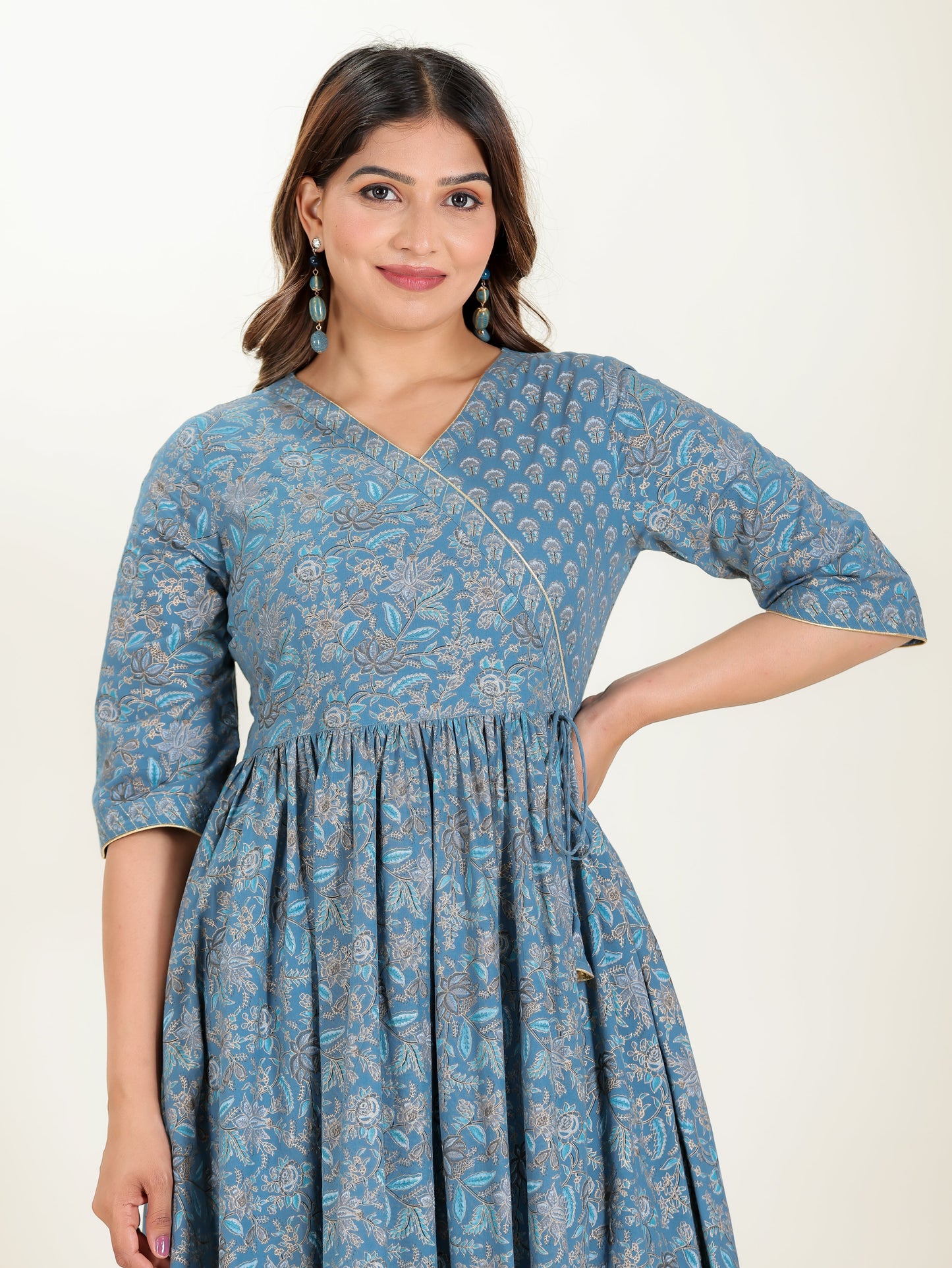 Embroidered Soft Cotton Gold foil Angrakha Blue Kurta