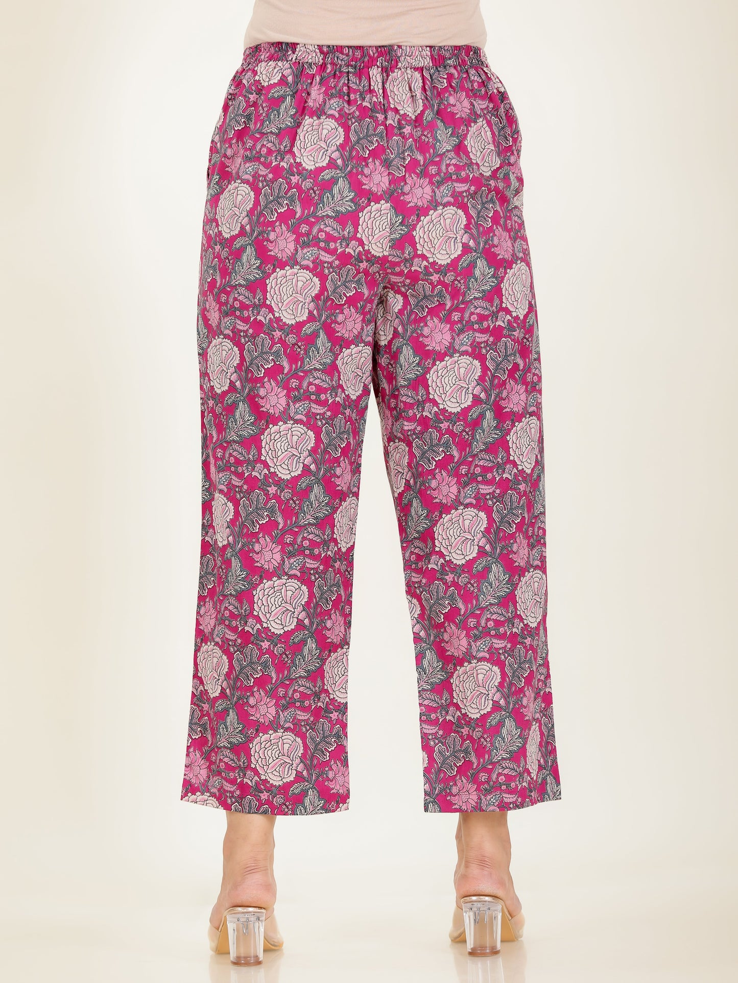 Soft Cotton Floral Pink Straight Trousers