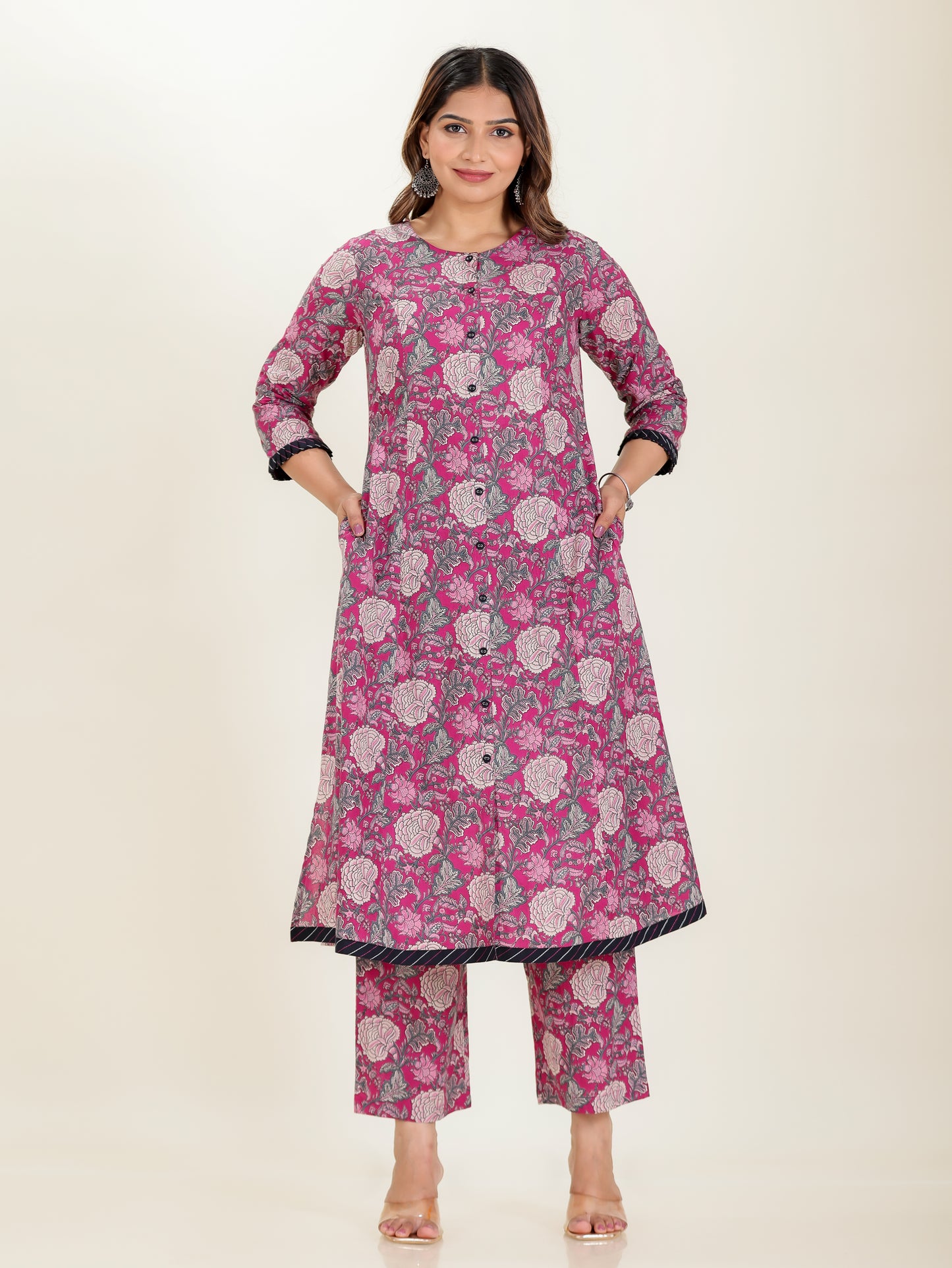 Soft Cotton Floral A-line Pink Kurta
