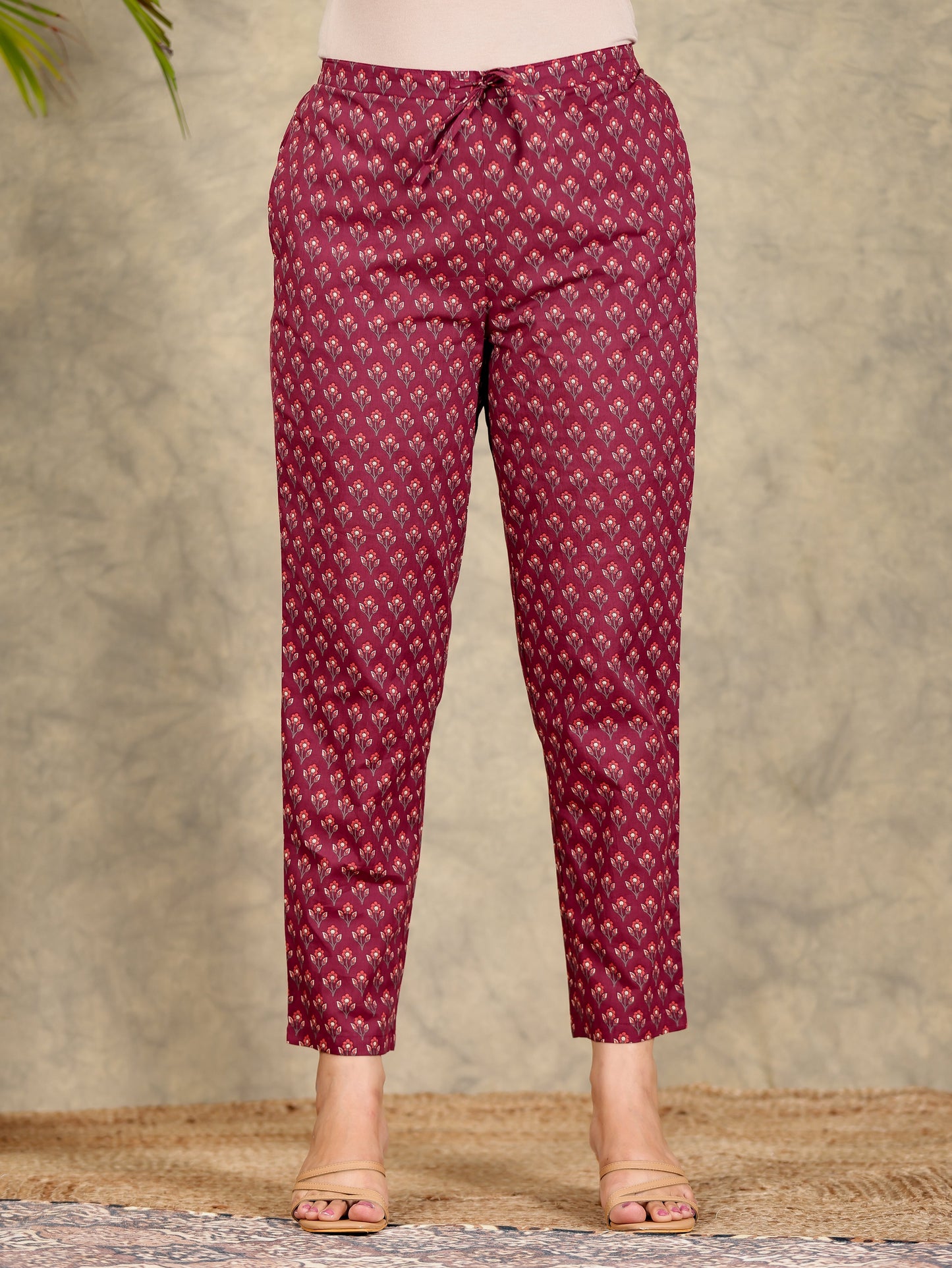 Soft Cotton Block Print Brown Tapered Trousers