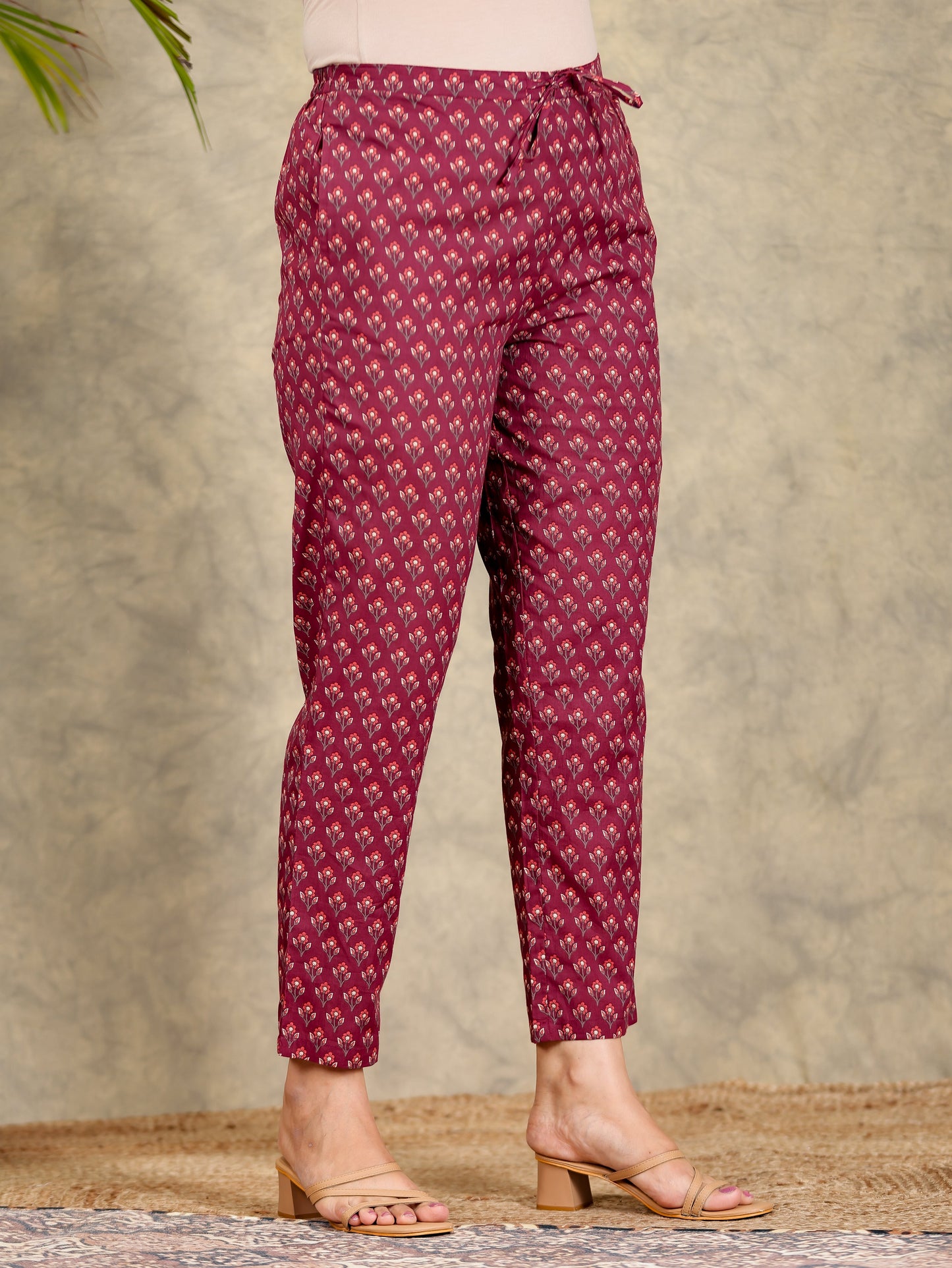 Soft Cotton Block Print Brown Tapered Trousers