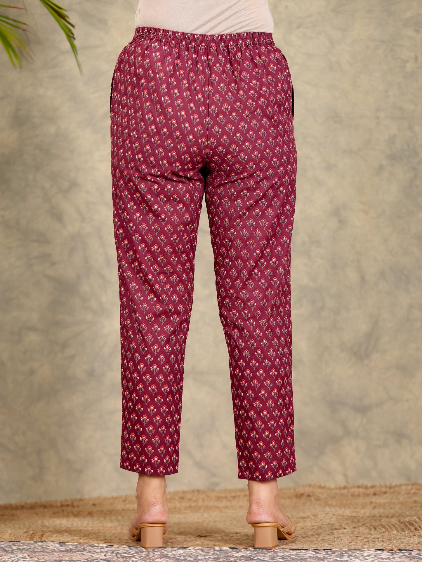 Soft Cotton Block Print Brown Tapered Trousers