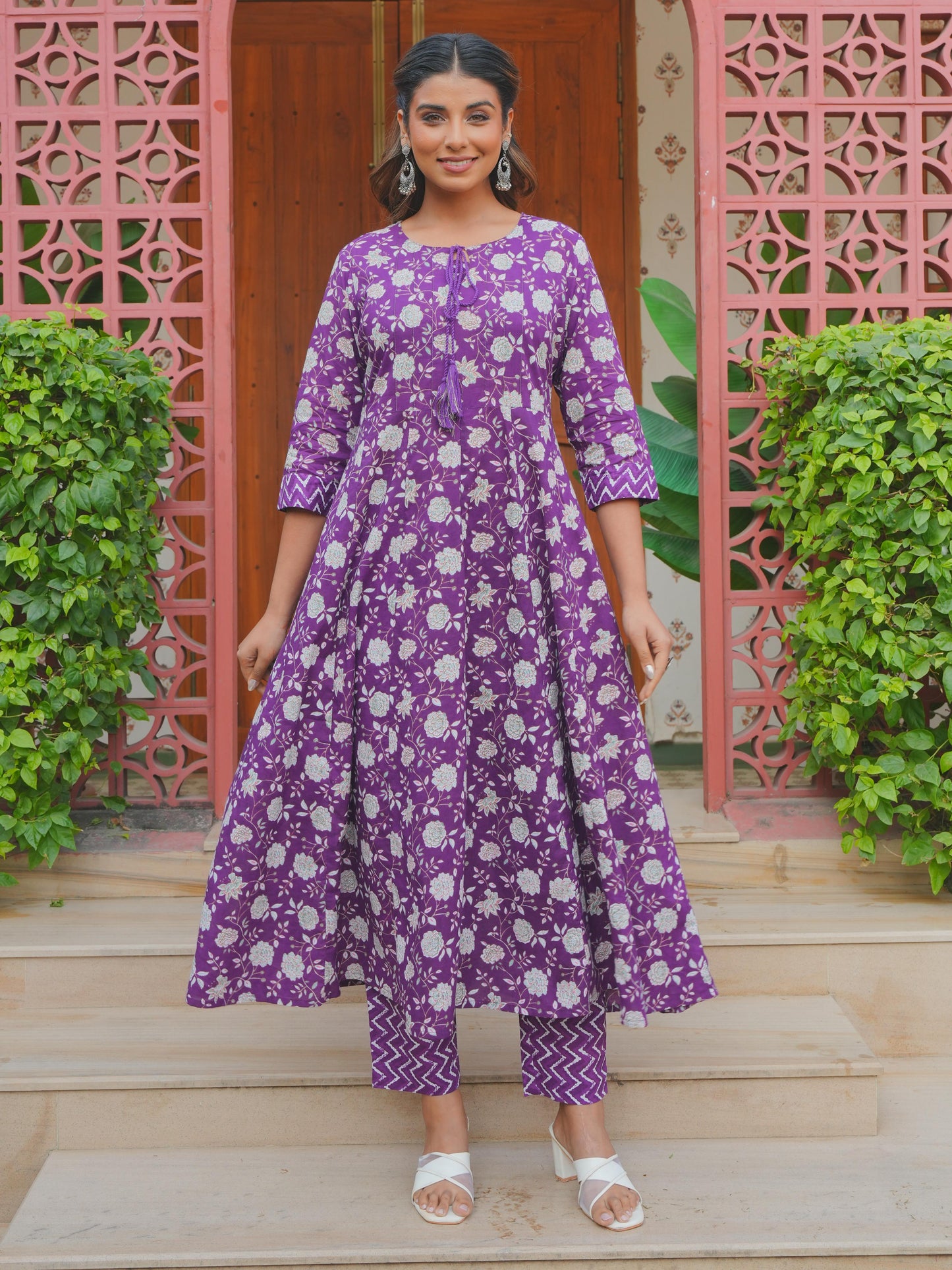 Soft Cotton Floral Flared Purple Kurta