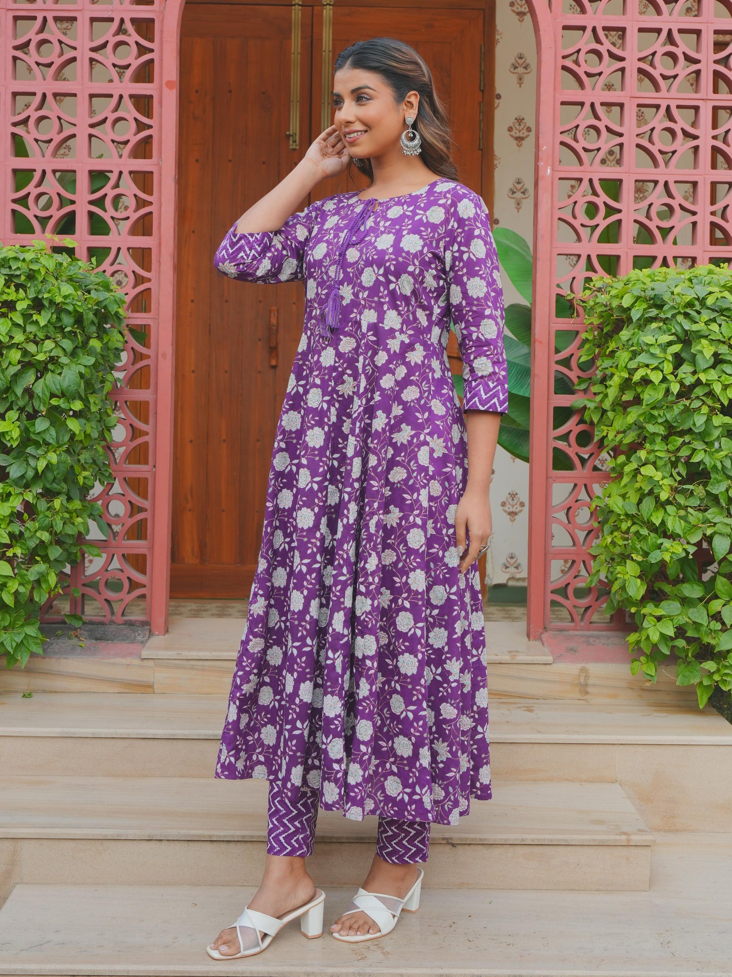 Soft Cotton Floral Flared Purple Kurta