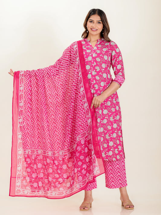 Soft Cotton Floral A-line Pink Kurta
