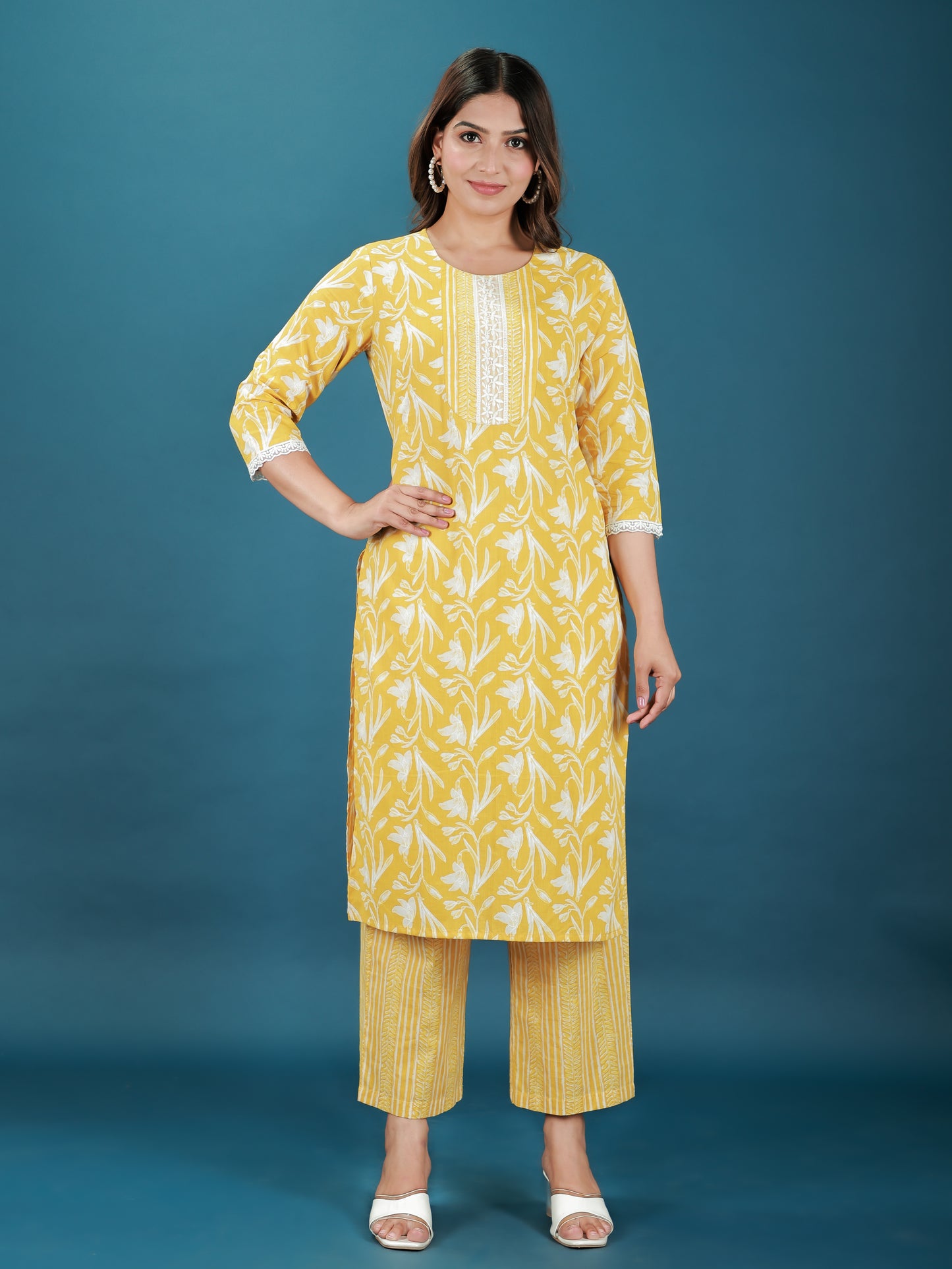 Soft Cotton Foliage Straight Yellow Kurta