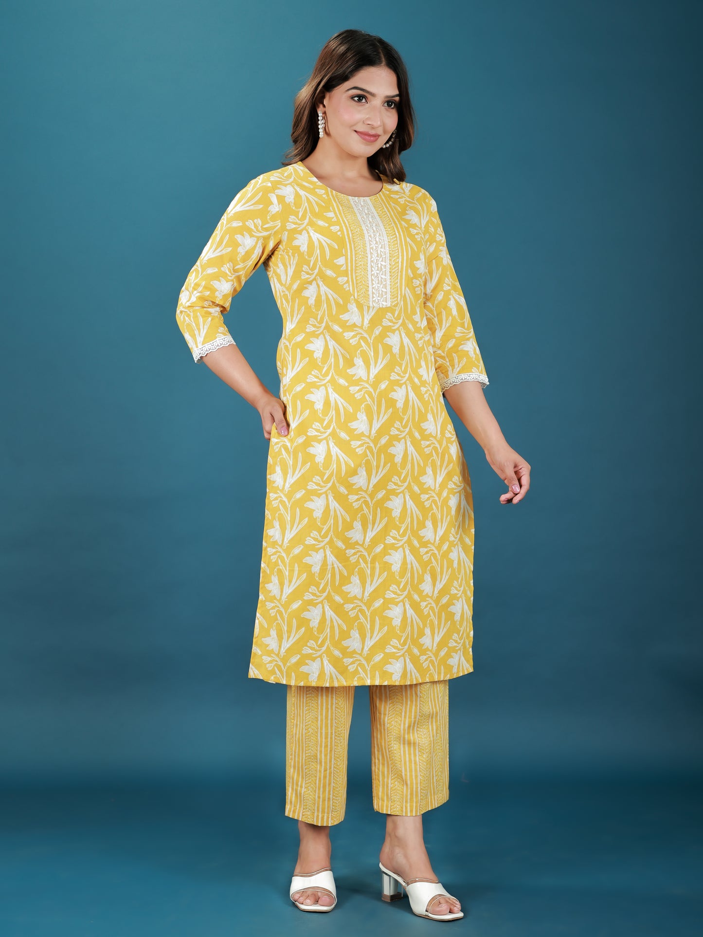 Soft Cotton Foliage Straight Yellow Kurta