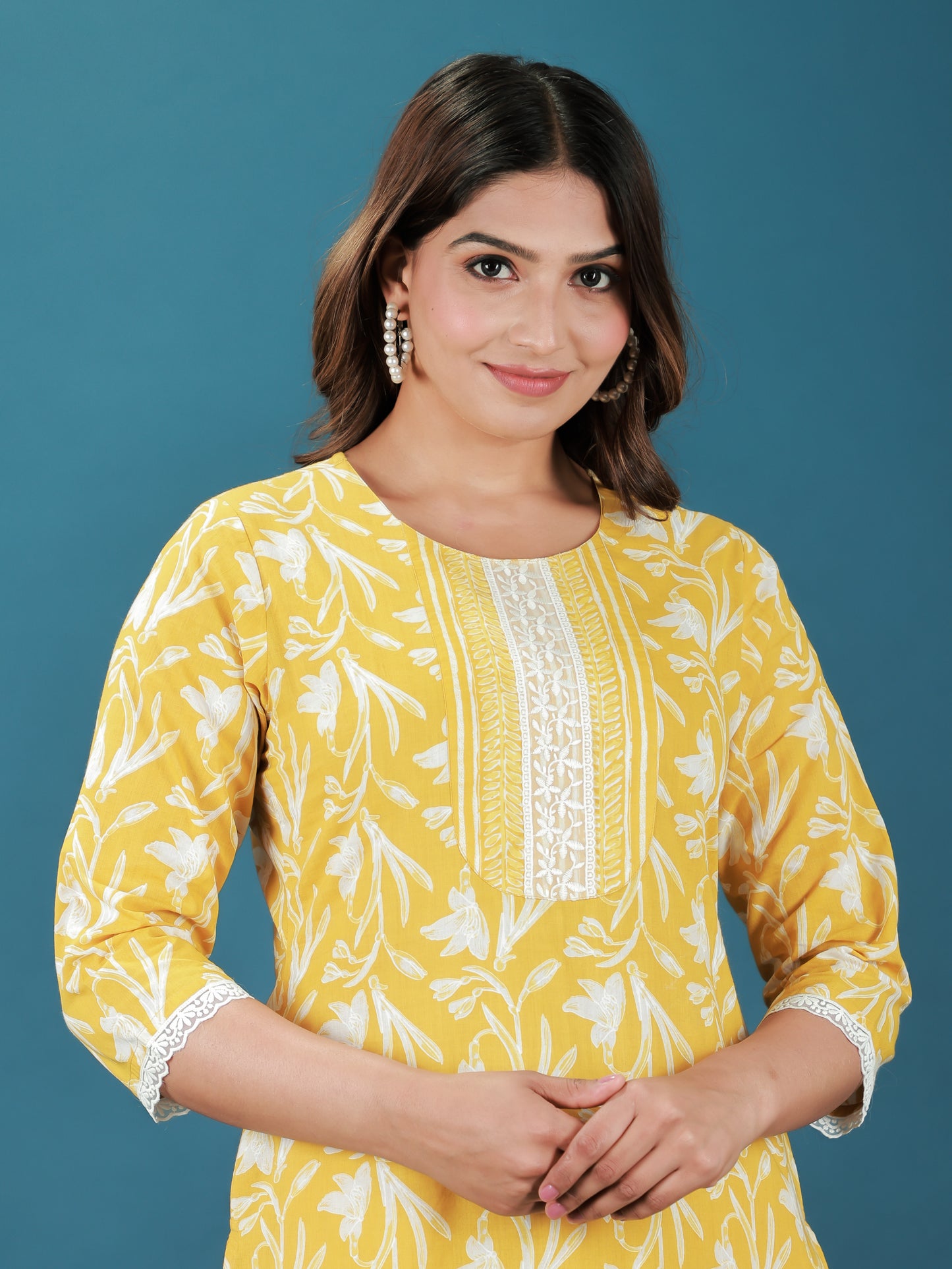 Soft Cotton Foliage Straight Yellow Kurta