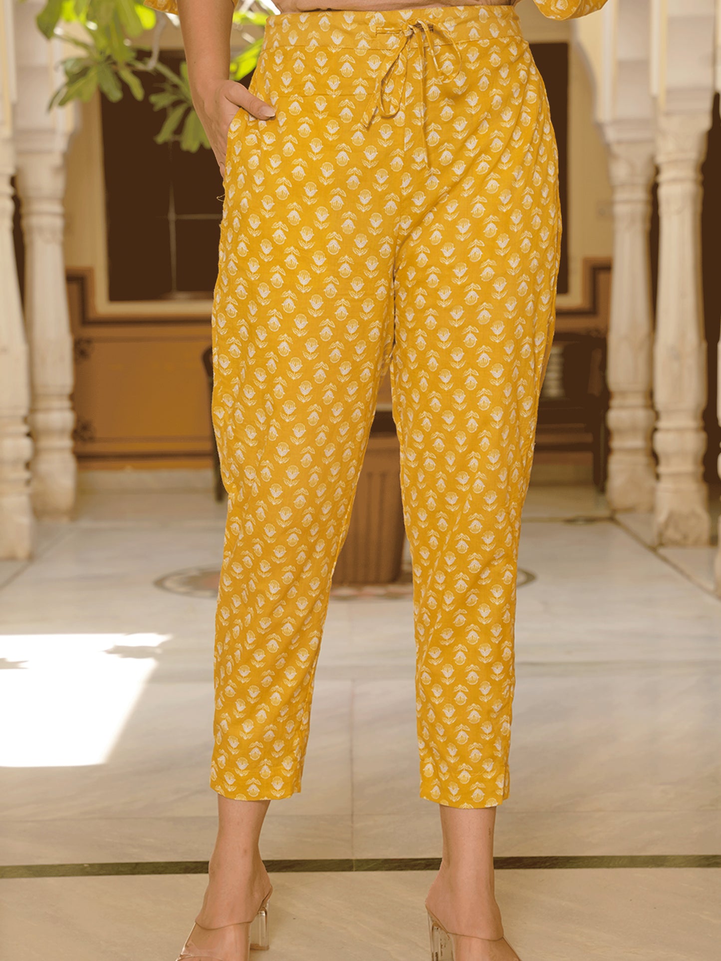 Soft Cotton Block Print Yellow Tapered Trousers