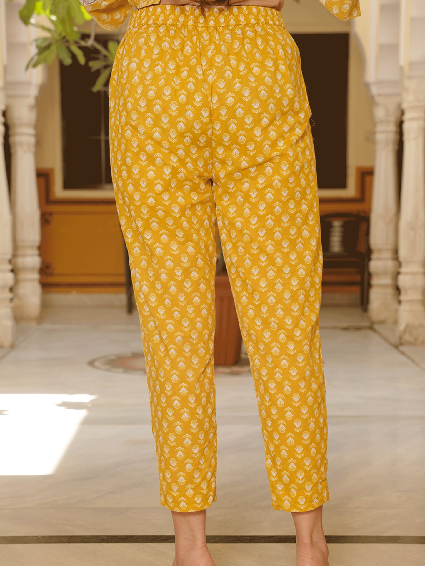 Soft Cotton Block Print Yellow Tapered Trousers