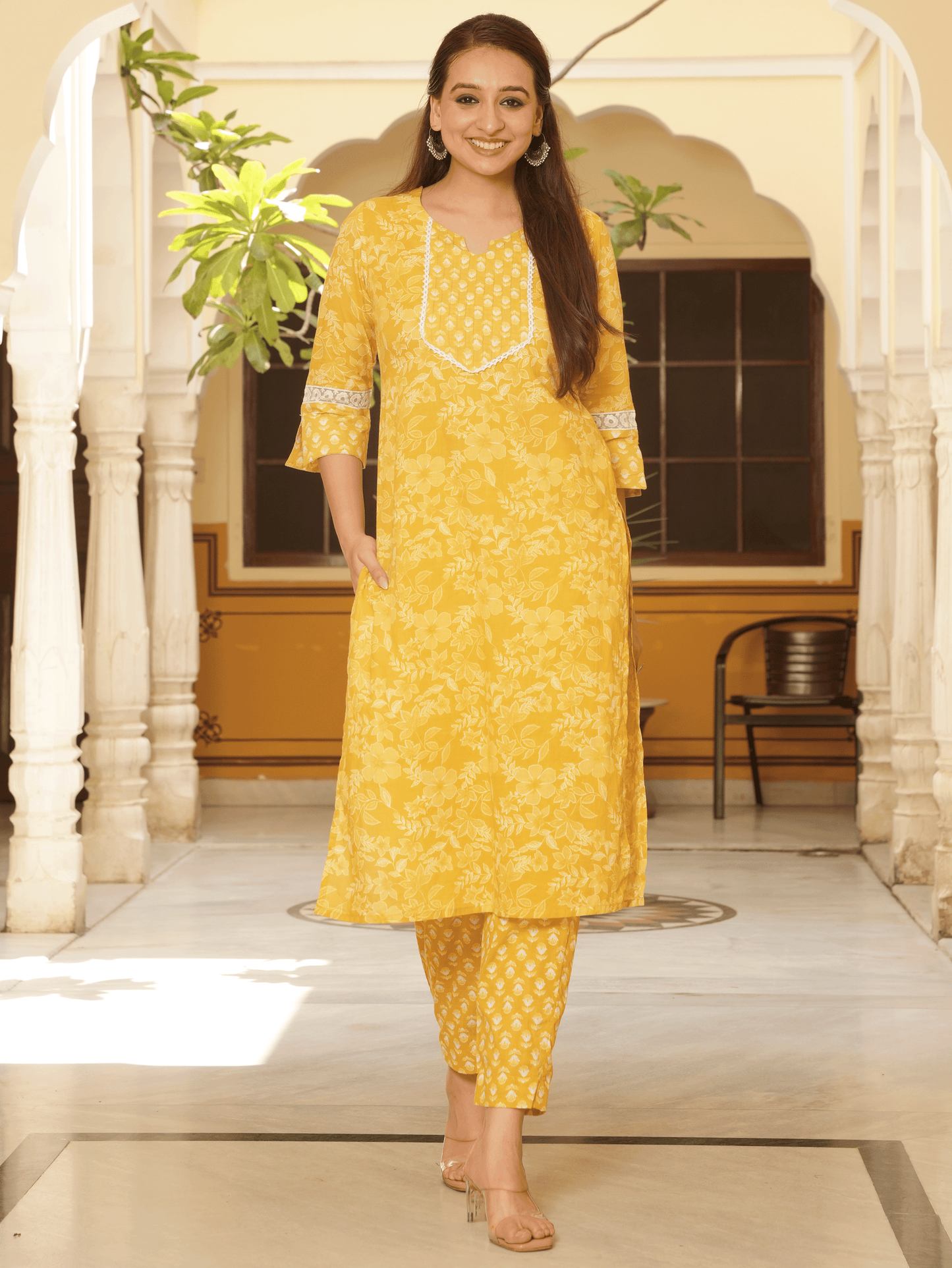 Soft Cotton Floral Straight Yellow Kurta