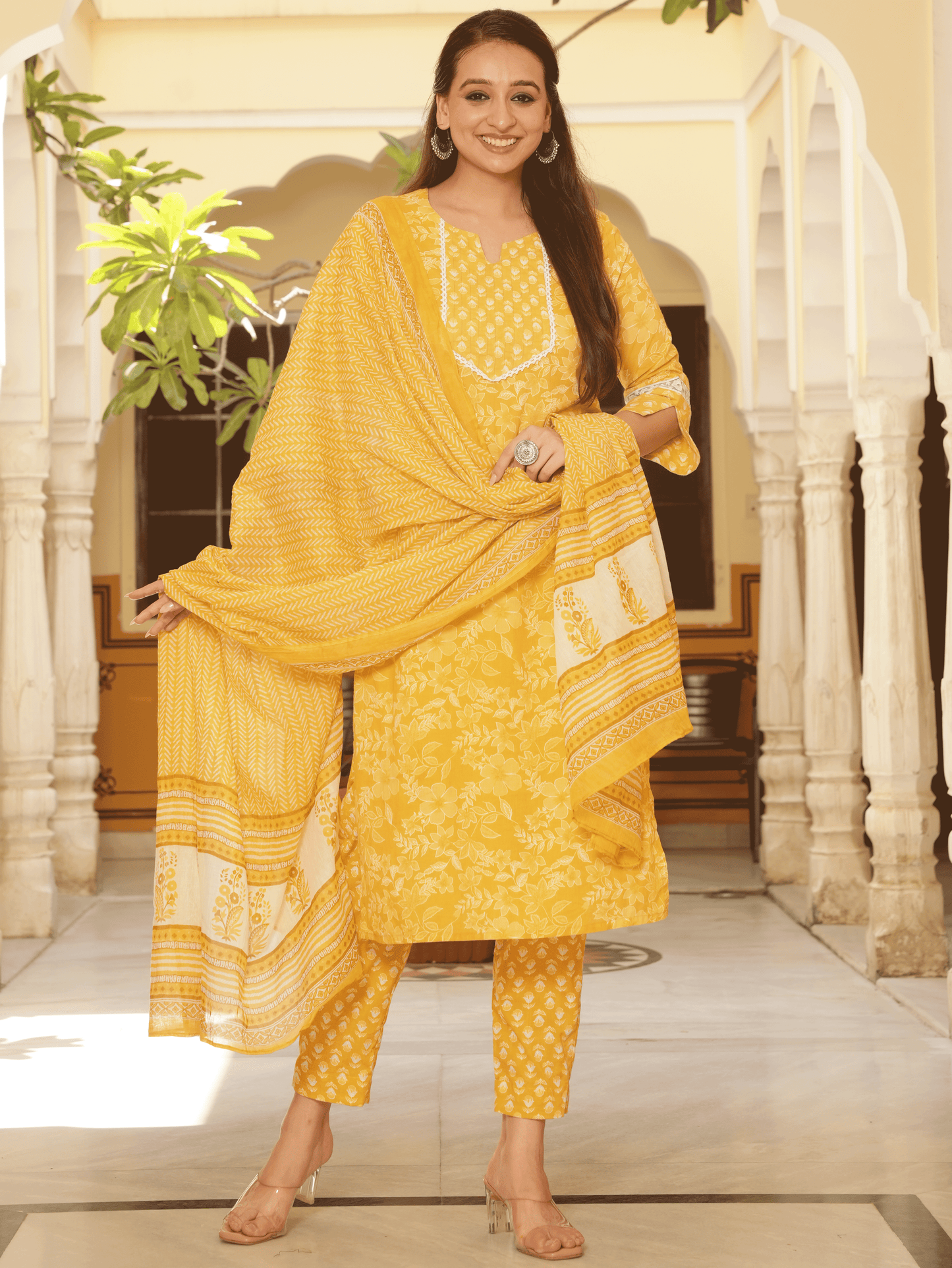 Soft Cotton Floral Straight Yellow Kurta