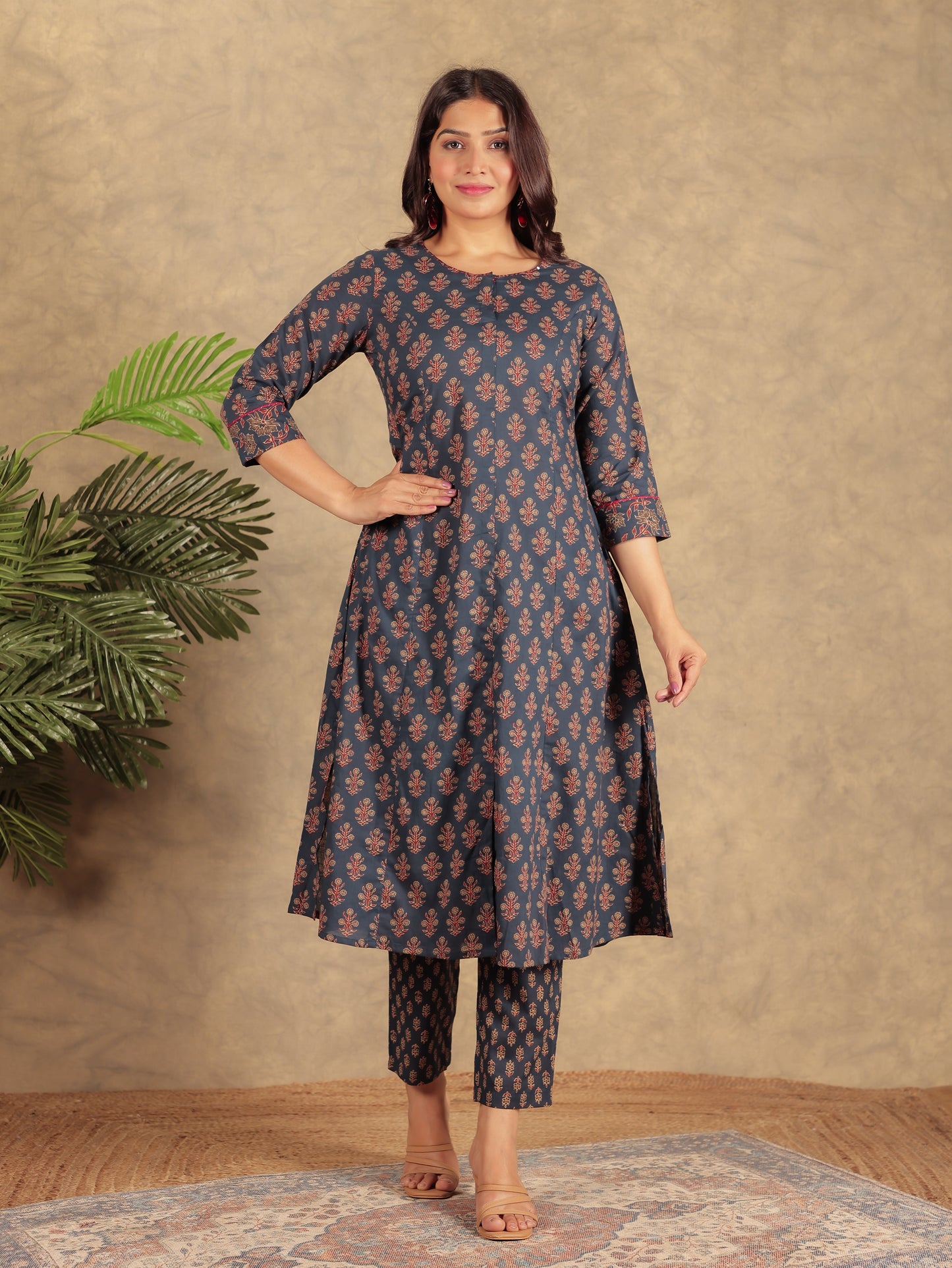 Soft Cotton Ajrakh A-line Navy Blue Kurta