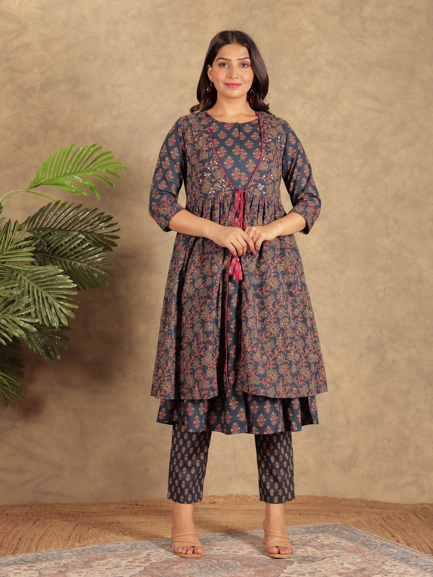 Soft Cotton Ajrakh A-line Navy Blue Kurta