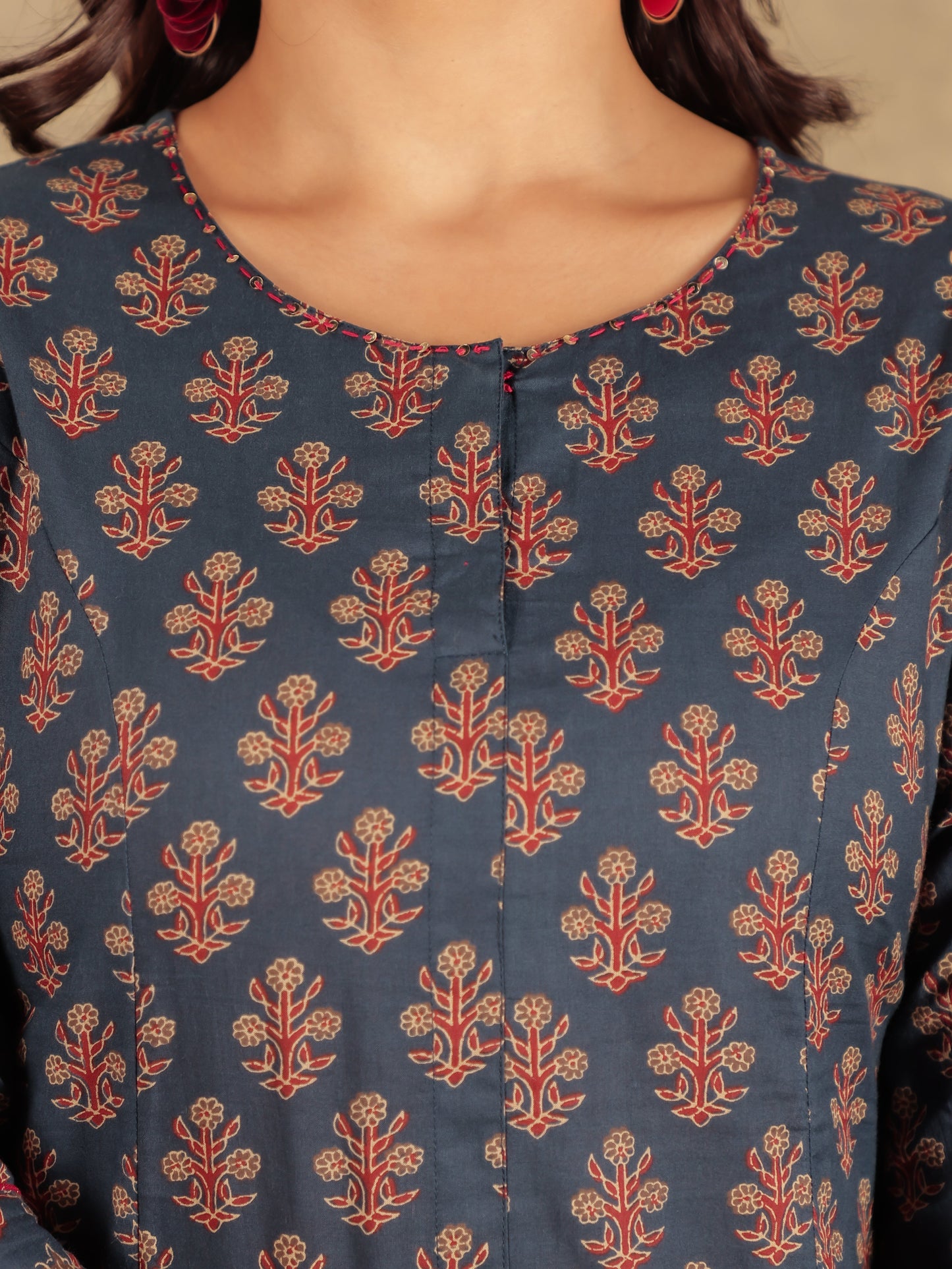 Soft Cotton Ajrakh A-line Navy Blue Kurta