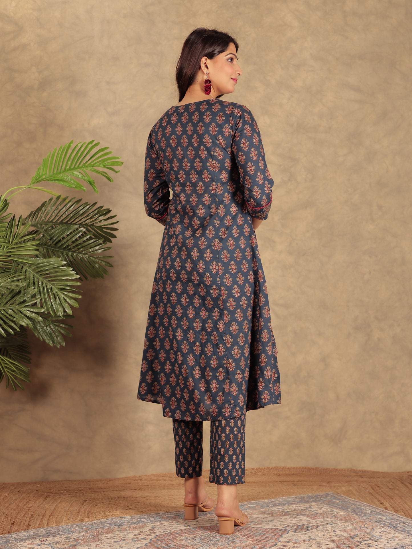 Soft Cotton Ajrakh A-line Navy Blue Kurta