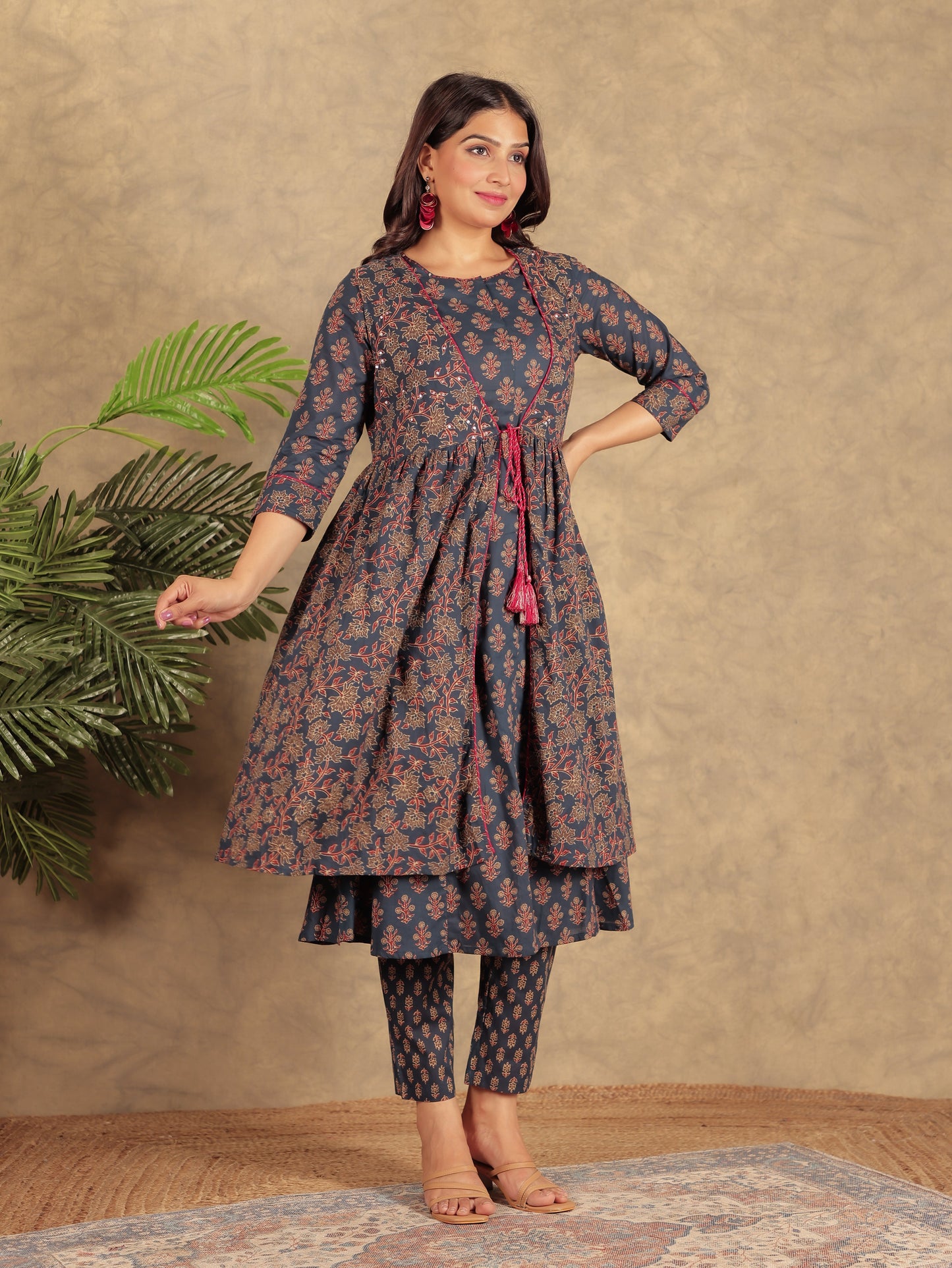 Soft Cotton Ajrakh A-line Navy Blue Kurta