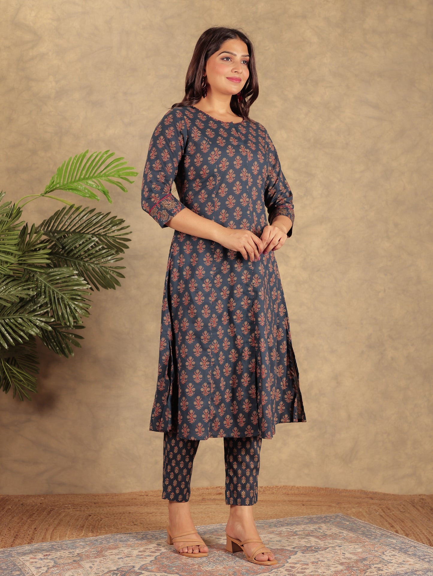 Soft Cotton Ajrakh A-line Navy Blue Kurta