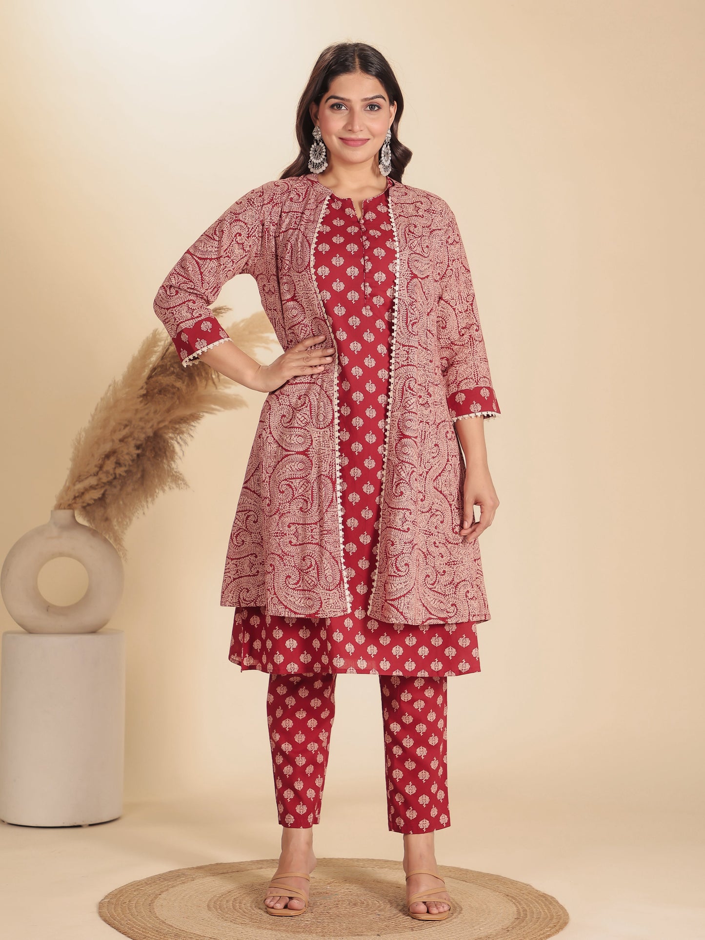 Soft Cotton Ajrakh A-line Red Kurta