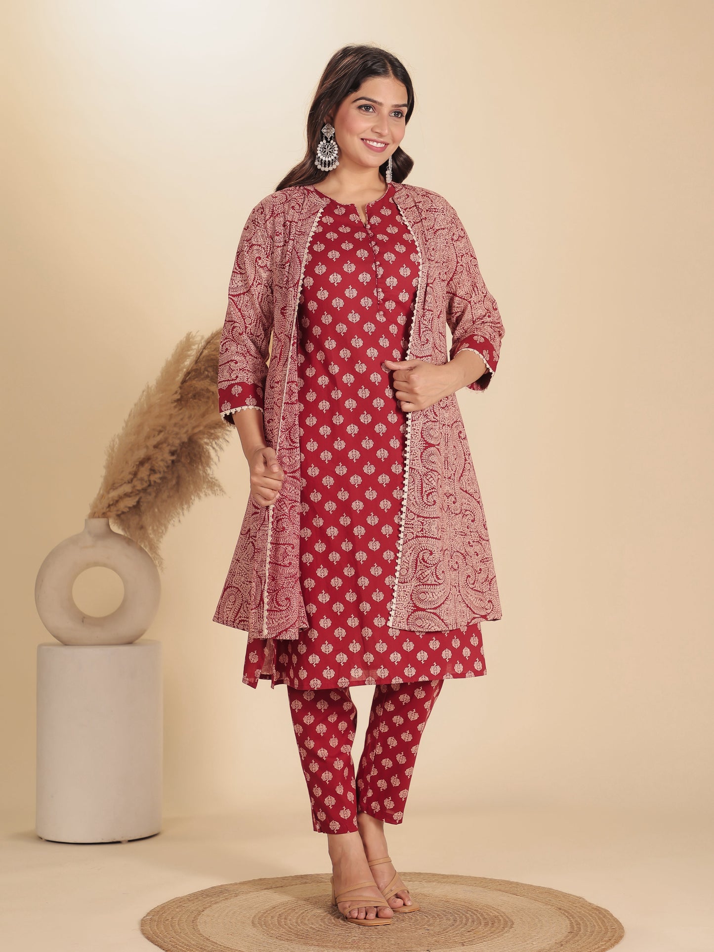 Soft Cotton Ajrakh A-line Red Kurta