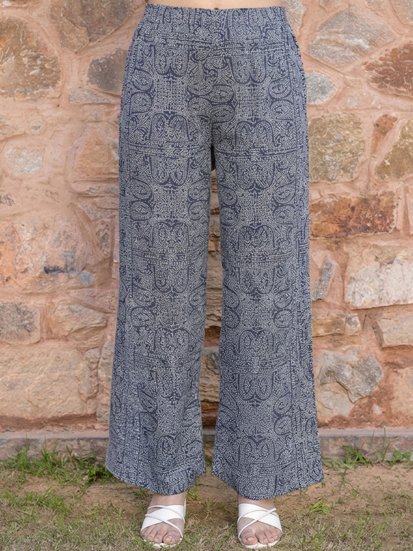 Soft Cotton Paisley Navy Blue Straight Trousers