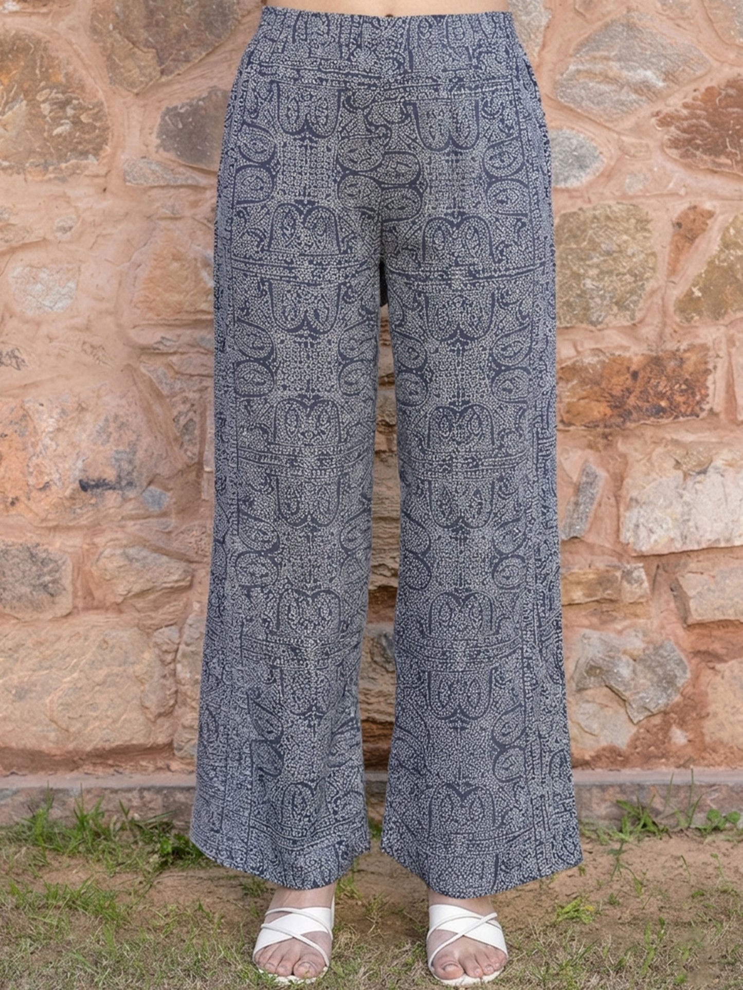 Soft Cotton Paisley Navy Blue Straight Trousers