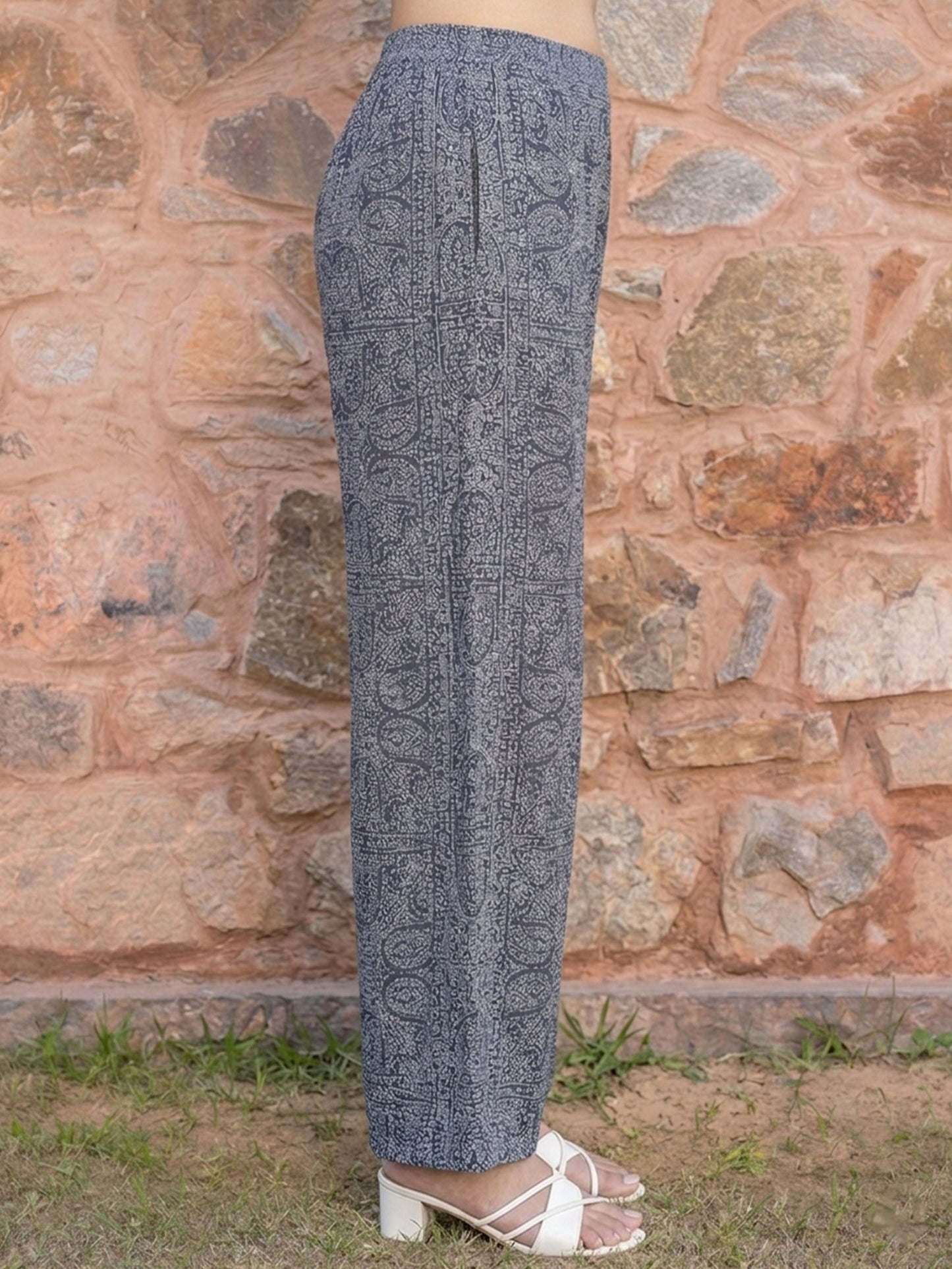 Soft Cotton Paisley Navy Blue Straight Trousers