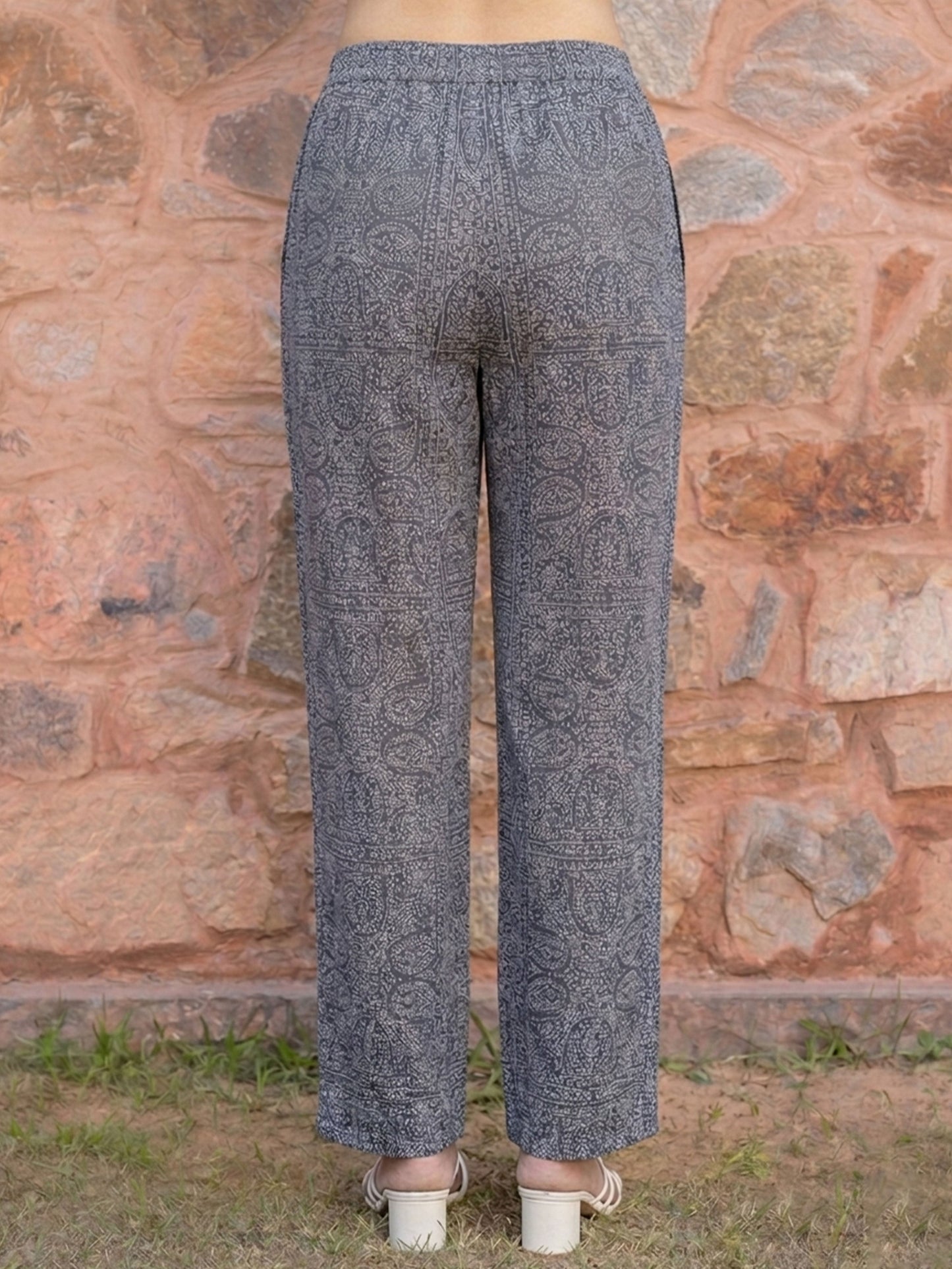 Soft Cotton Paisley Navy Blue Straight Trousers