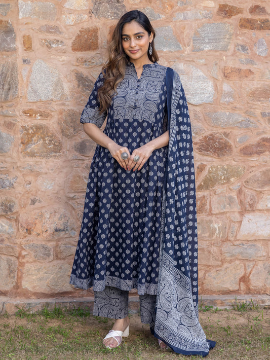 Cotton Voile Butti Navy Blue Dupatta
