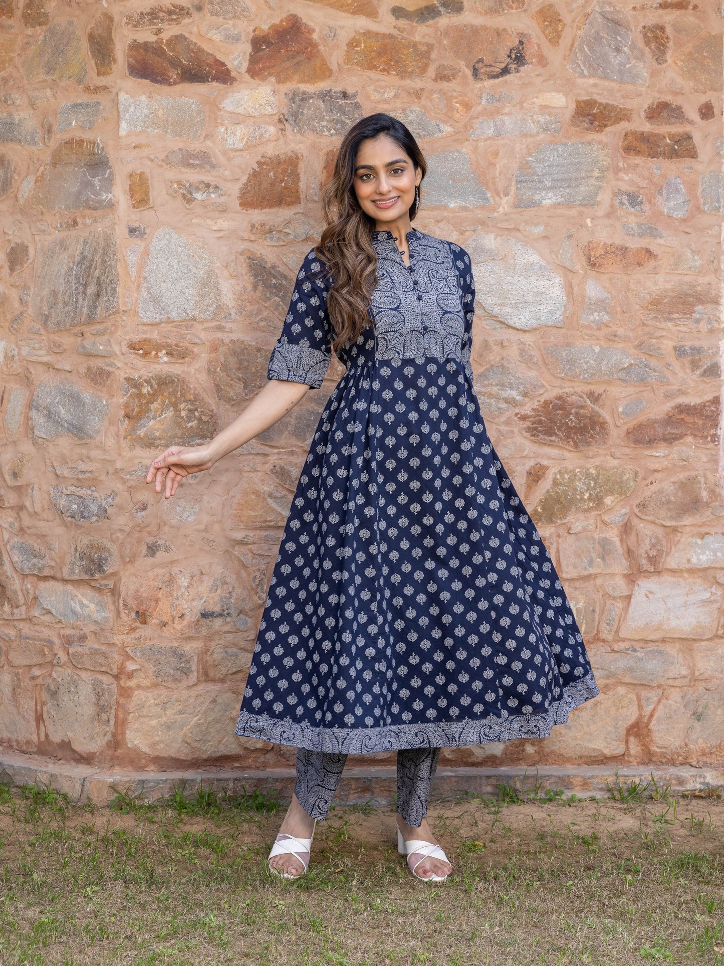 Embroidered Soft Cotton Butti Flared Navy Blue Kurta