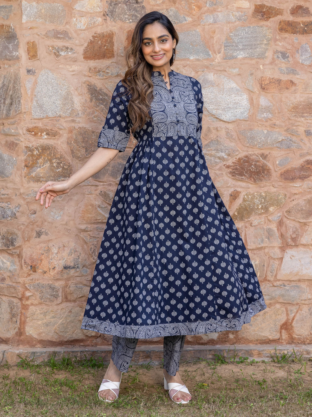 Embroidered Soft Cotton Butti Flared Navy Blue Kurta