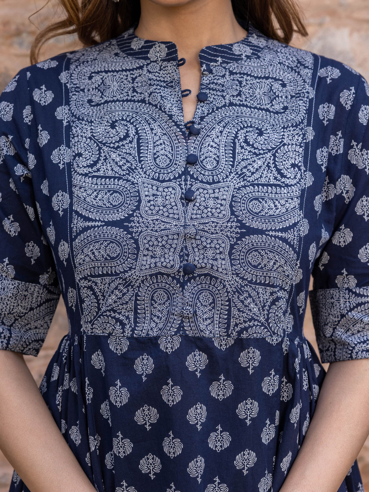 Embroidered Soft Cotton Butti Flared Navy Blue Kurta
