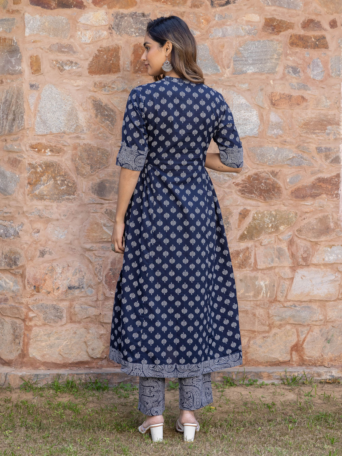 Embroidered Soft Cotton Butti Flared Navy Blue Kurta