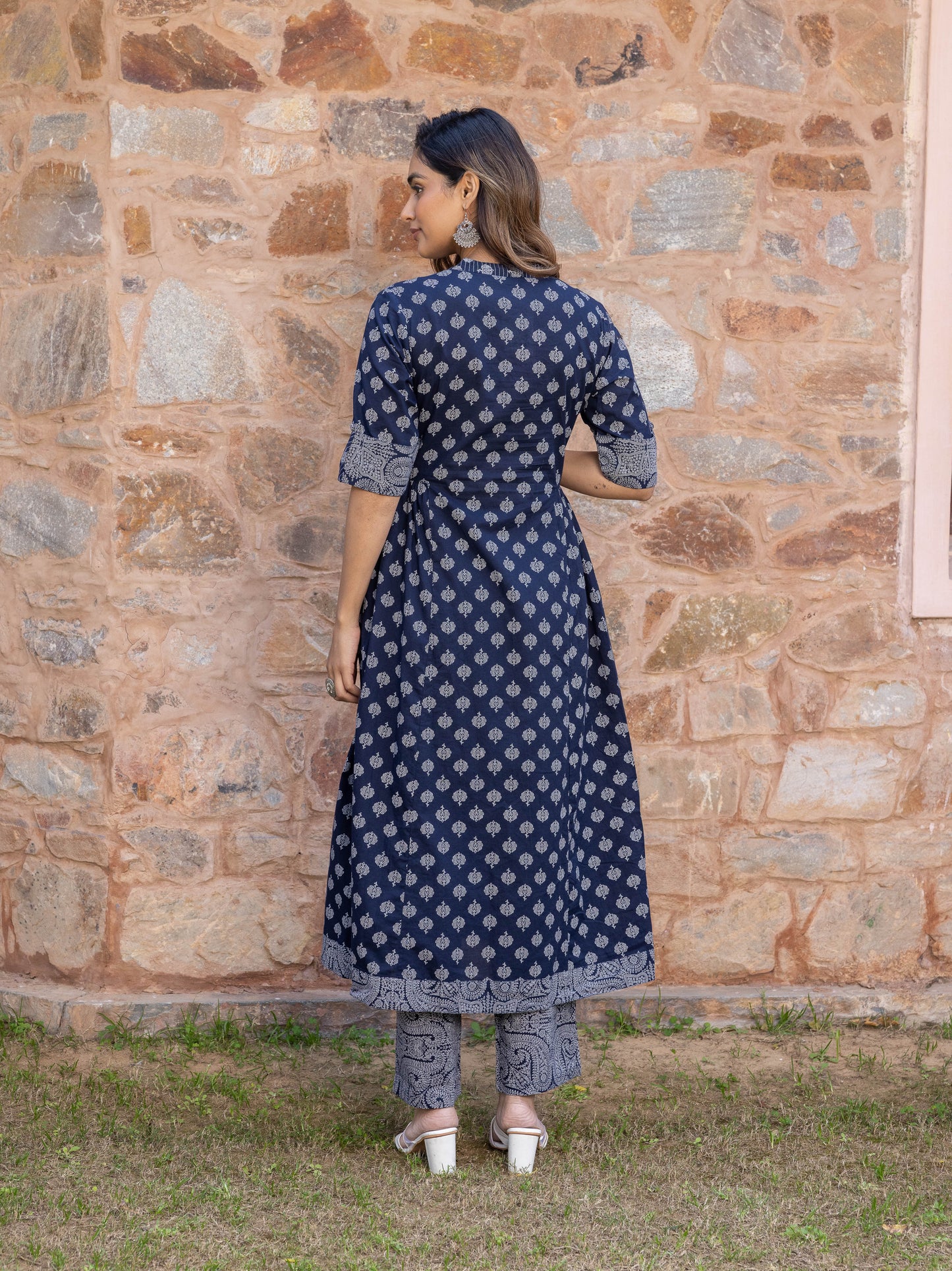 Embroidered Soft Cotton Butti Flared Navy Blue Kurta