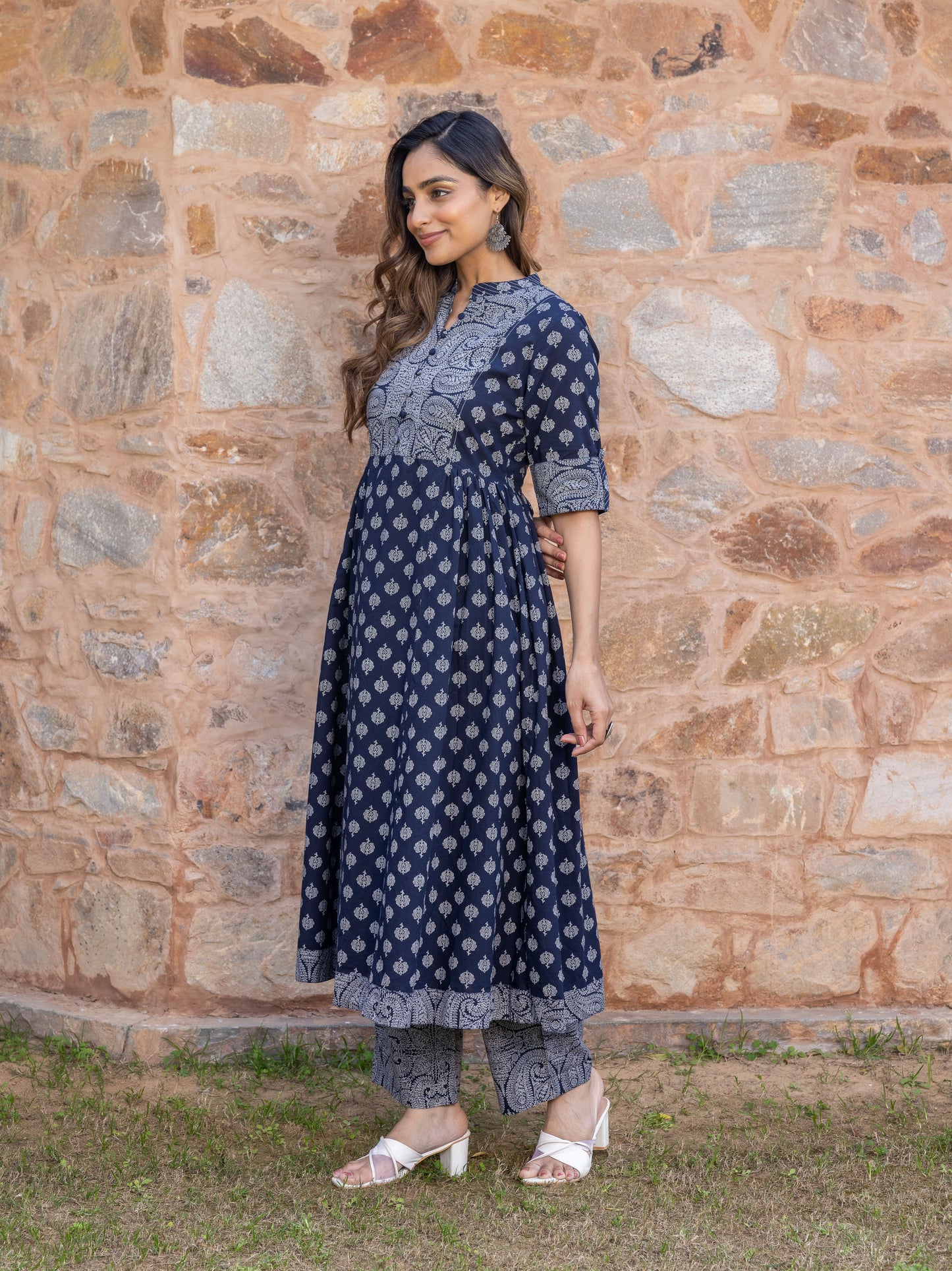 Embroidered Soft Cotton Butti Flared Navy Blue Kurta